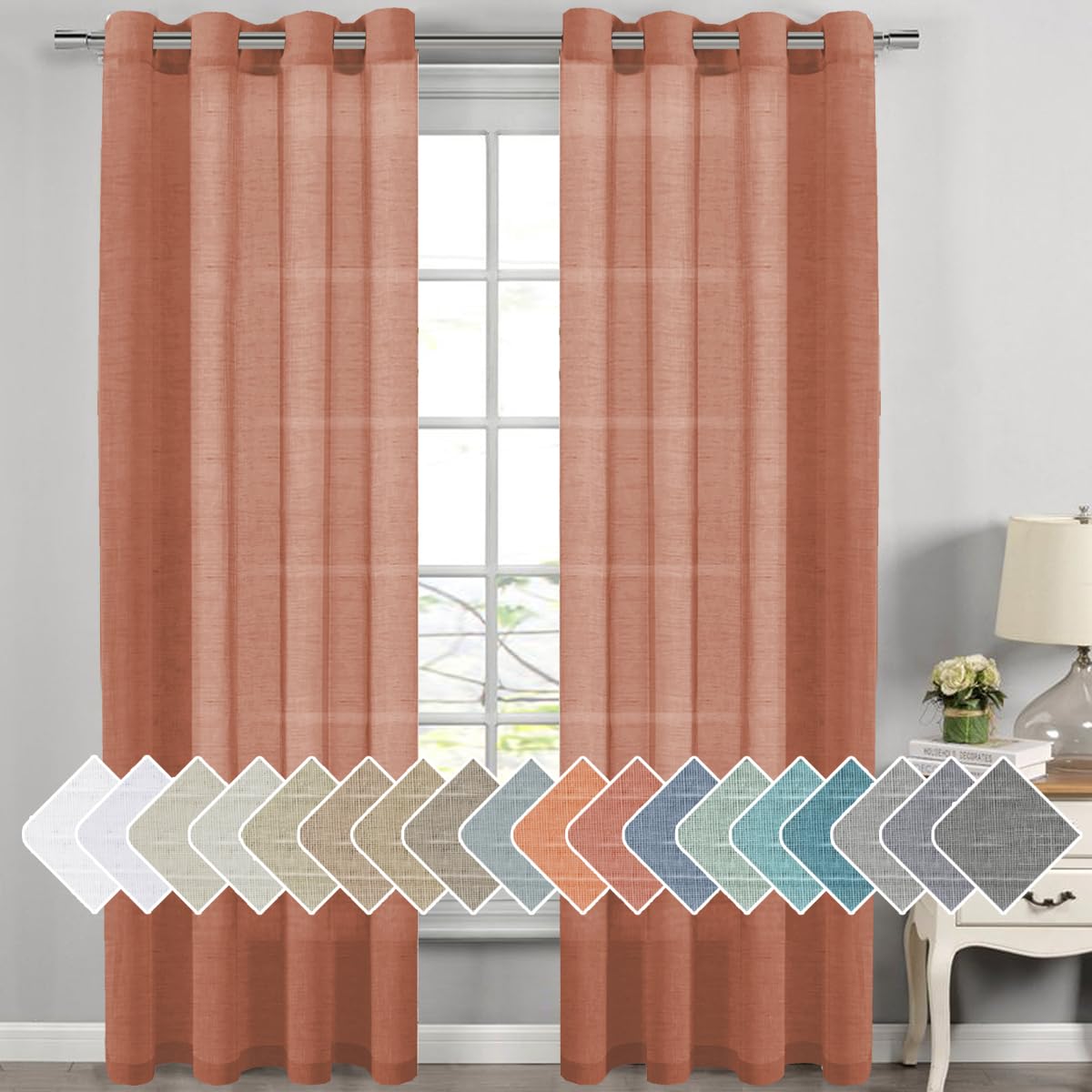 PrimeBeau Faux Linen Grommet Sheer Curtains - Set of 2 Panels 52 Series Long