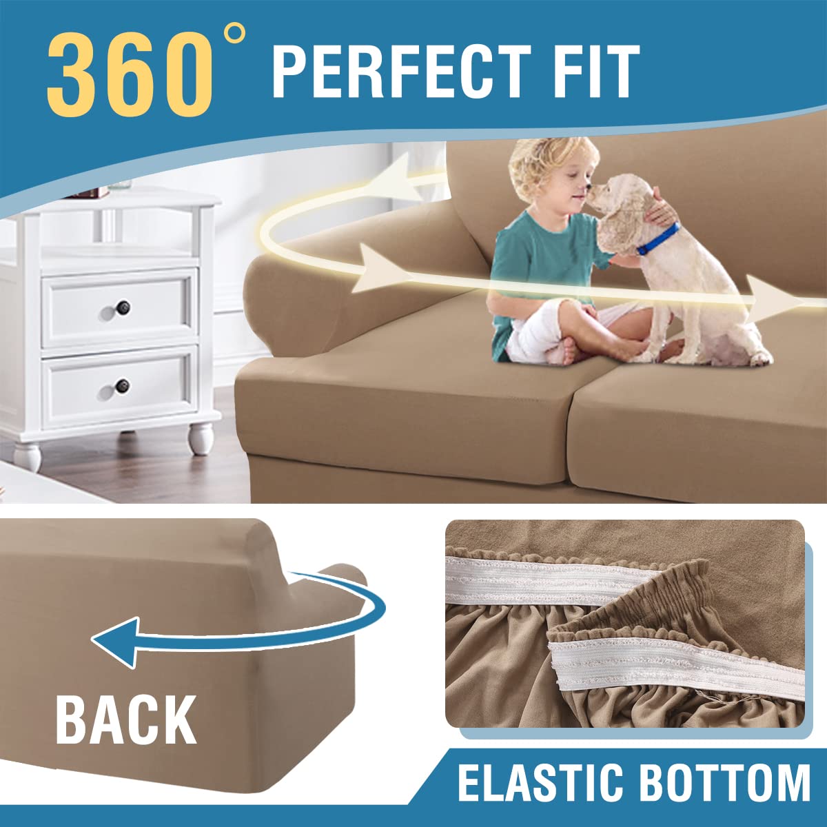 PrimeBeau 3 Pieces T Cushion Loveseat Slipcovers Couch Cover for 2 Cushion Couch Non Slip Super Stretch Soft Washable Furniture Protector with 2 Individual T Cushion Covers