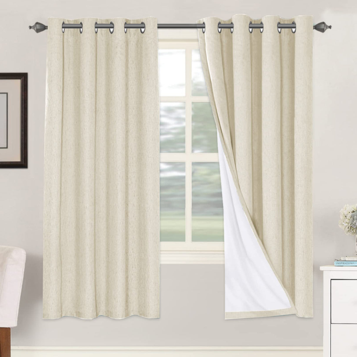 PrimeBeau 100% Blackout Linen Mixed Curtains, set of 2 Panels, 52 Series Short