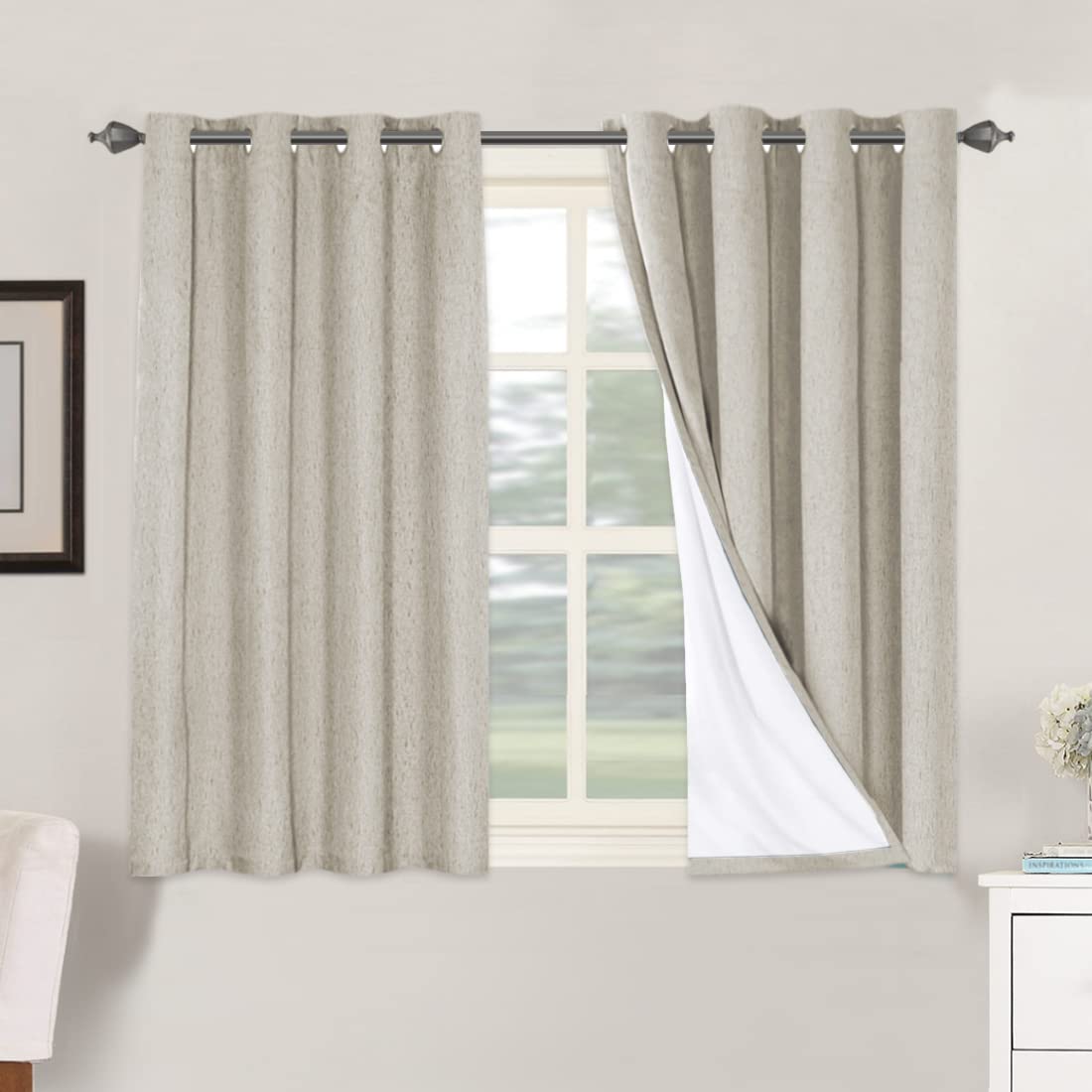 PrimeBeau 100% Blackout Linen Mixed Curtains, set of 2 Panels, 52 Series Short