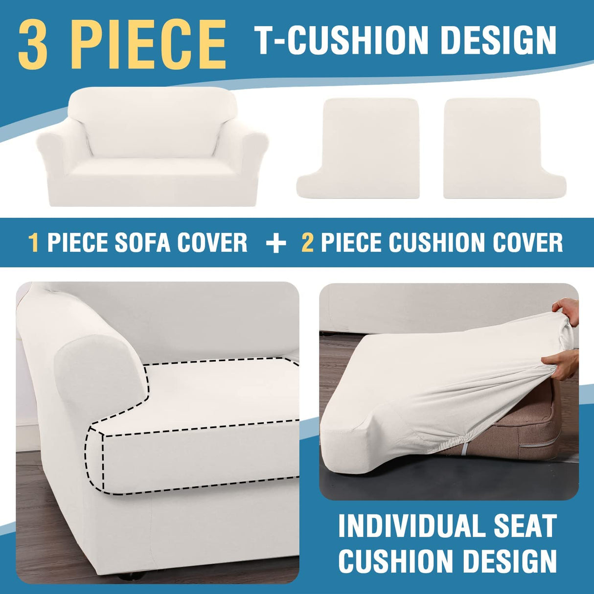 PrimeBeau 3 Pieces T Cushion Loveseat Slipcovers Couch Cover for 2 Cushion Couch Non Slip Super Stretch Soft Washable Furniture Protector with 2 Individual T Cushion Covers