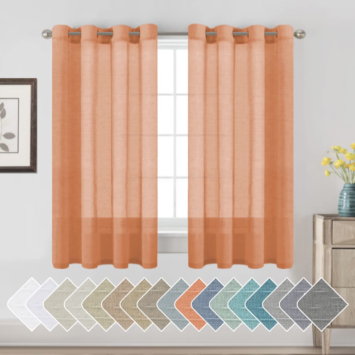 PrimeBeau Faux Linen Semi-Sheer Curtains - Set of 2 Panels, 52 Series Medium Length