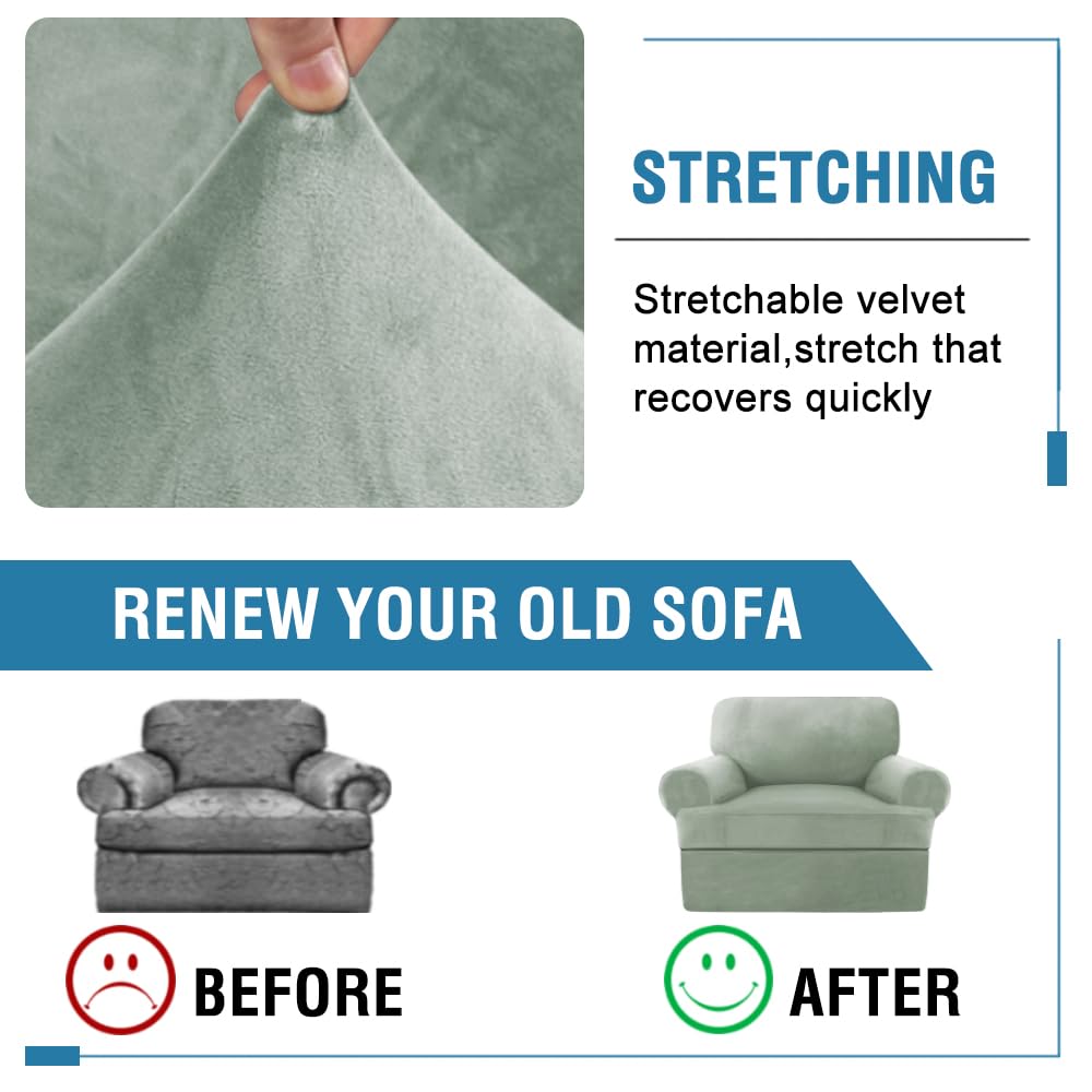 PrimeBeau 2 Piece Armchair Slipcovers Thick Velvet Couch Cover Furniture Protector Stretch Sofa Covers for 1 Cushion Couch with 1 Individual T Cushion Covers Washable