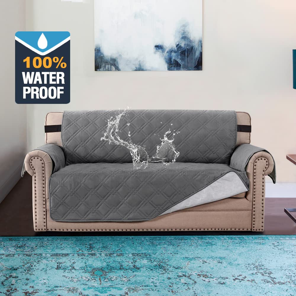 PrimeBeau 100% Waterproof Loveseat Cover Protector Couch Covers for Dogs/Pets | Sofa Slipcover for 2 Cushion Couch with Non Slip Backing and Adjustable Strap (Seat Width 46")