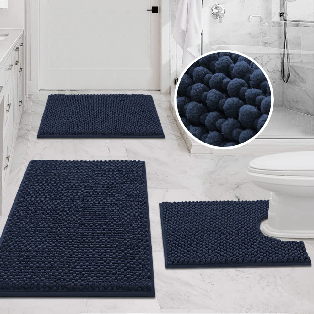 PrimeBeau 3-Piece Aqua Foam Bathroom Rugs Set | Non-Slip, Extra Absorbent Bath Mats for Tub & Shower | Soft Chenille, Vibrant Decor & Easy Care | 17''x24''+20''x32''+20''x24'' U-Shaped