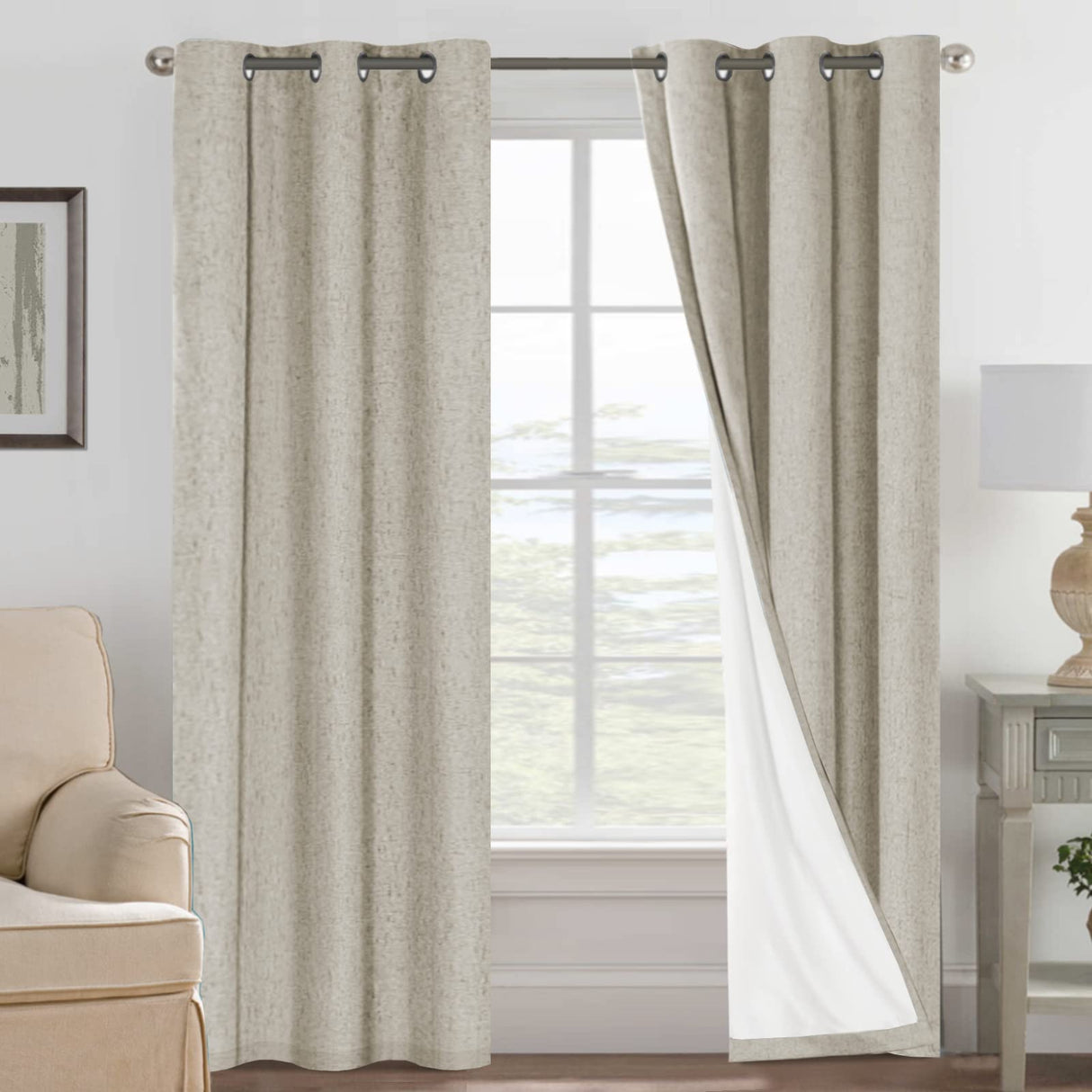 H.Versailtex Linen Blackout Thermal Insulated White Liner Grommet Top Small Window Curtains