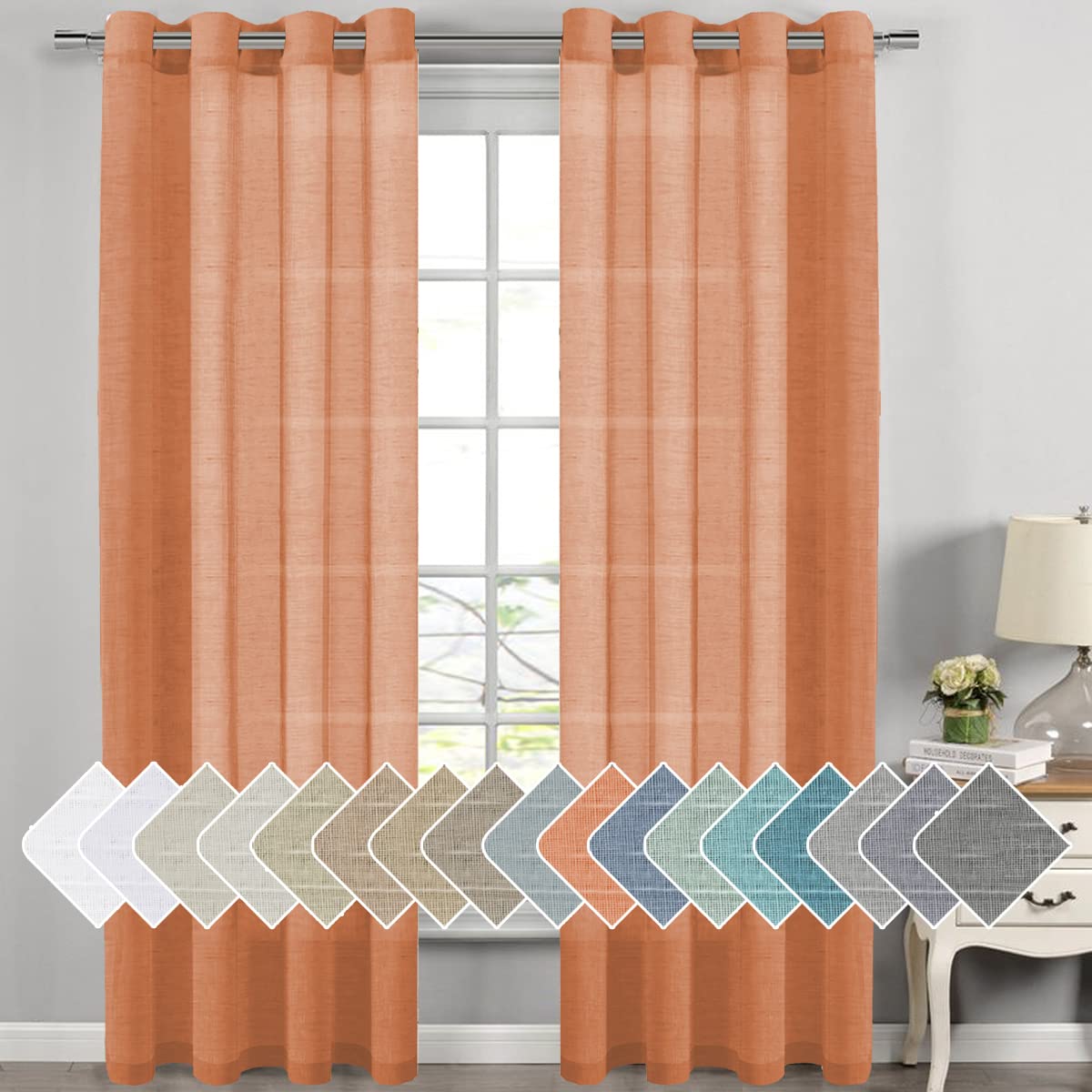 PrimeBeau Faux Linen Grommet Sheer Curtains - Set of 2 Panels 52 Series Long
