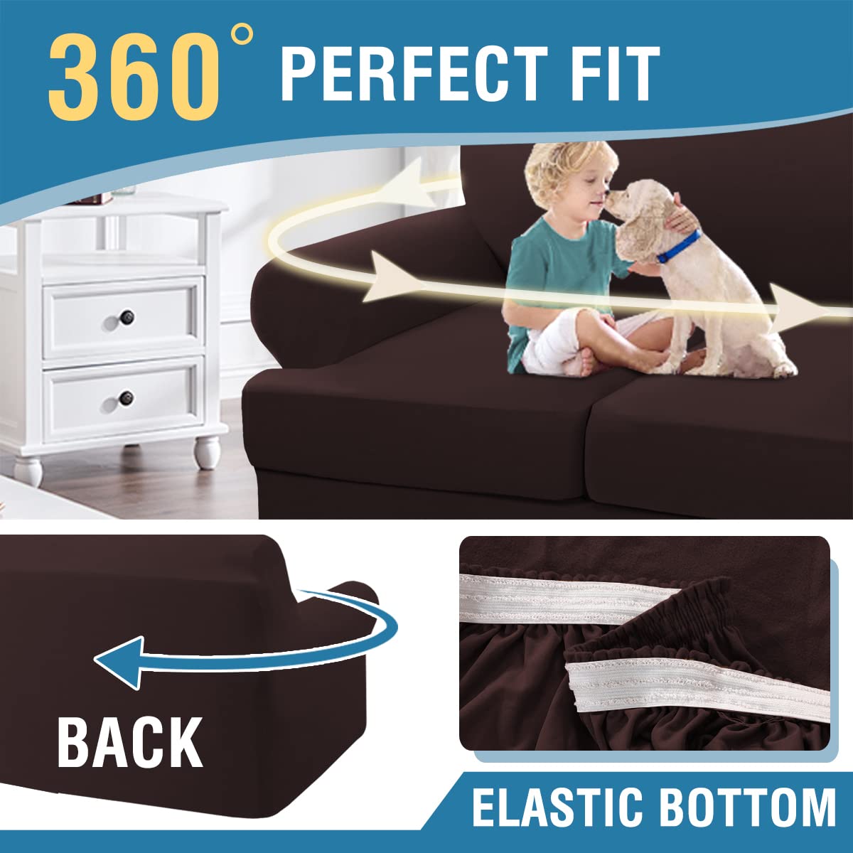 PrimeBeau 4 Pieces T Cushion Sofa Slipcovers Couch Cover for 3 Cushion Couch Non Slip Super Stretch Soft Washable Furniture Protector with 3 Individual T Cushion Covers