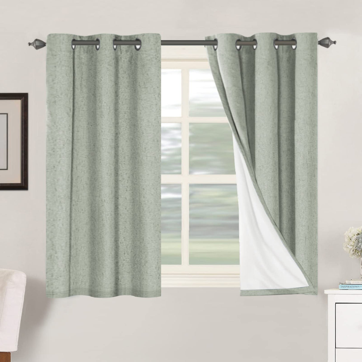 H.VERSAILTEX Primitive Linen Curtains 100% Blackout Curtain Drapes Burlap Fabric Curtains with White Thermal Insulated Liner, Grommet Top Curtains Living Room/Bedroom (2 Panels, 42 x 45 Inch, Sage)