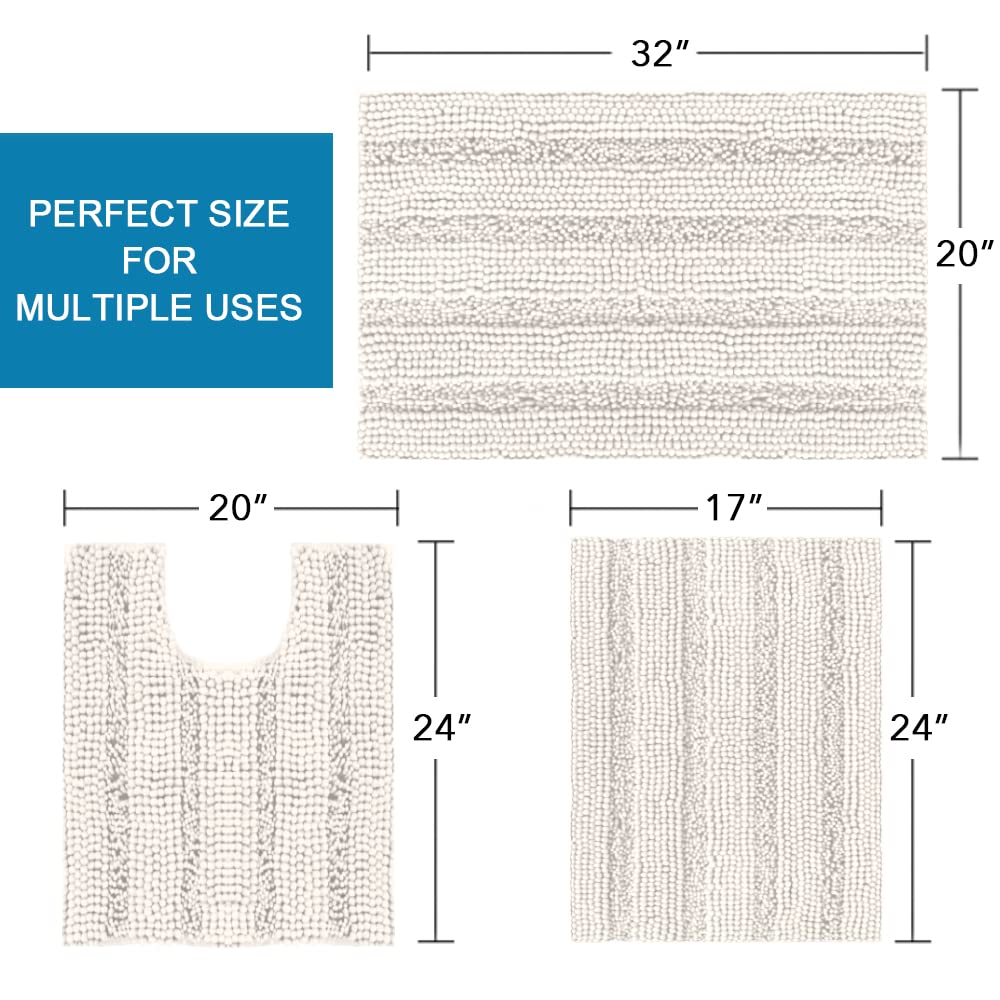 PrimeBeau 3 Piece Thick Striped Bathroom Rugs Set Non Slip Absorbent Soft Bath Mat (17''x24''+20''x32''+20''x24'' U-Shaped)