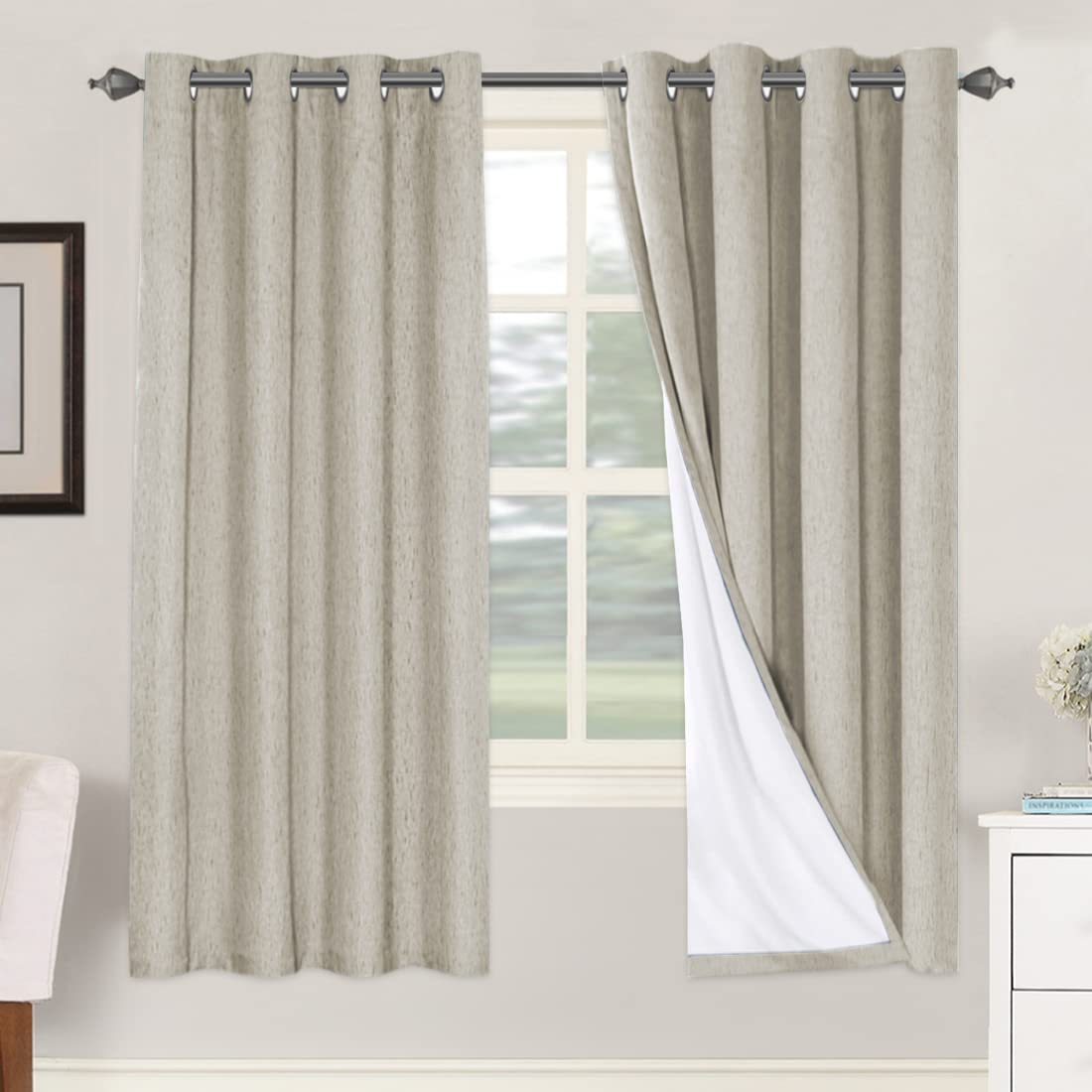 PrimeBeau 100% Blackout Linen Mixed Curtains, set of 2 Panels, 52 Series Short