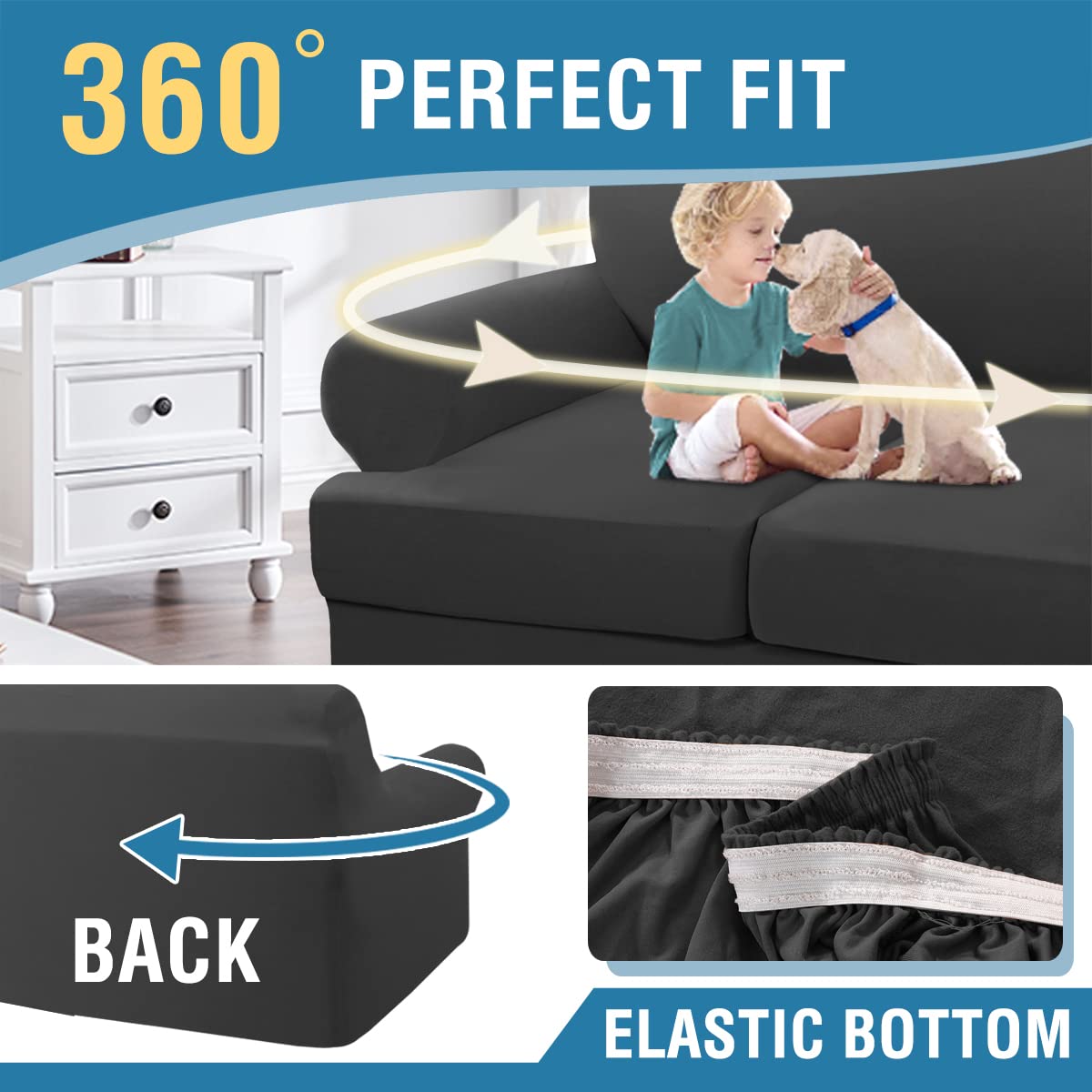 PrimeBeau 4 Pieces T Cushion Sofa Slipcovers Couch Cover for 3 Cushion Couch Non Slip Super Stretch Soft Washable Furniture Protector with 3 Individual T Cushion Covers