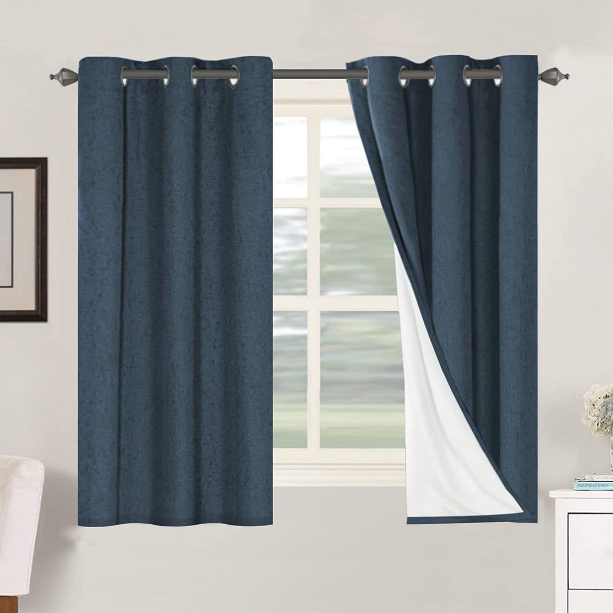 H.Versailtex Linen Blackout Thermal Insulated White Liner Grommet Top Small Window Curtains