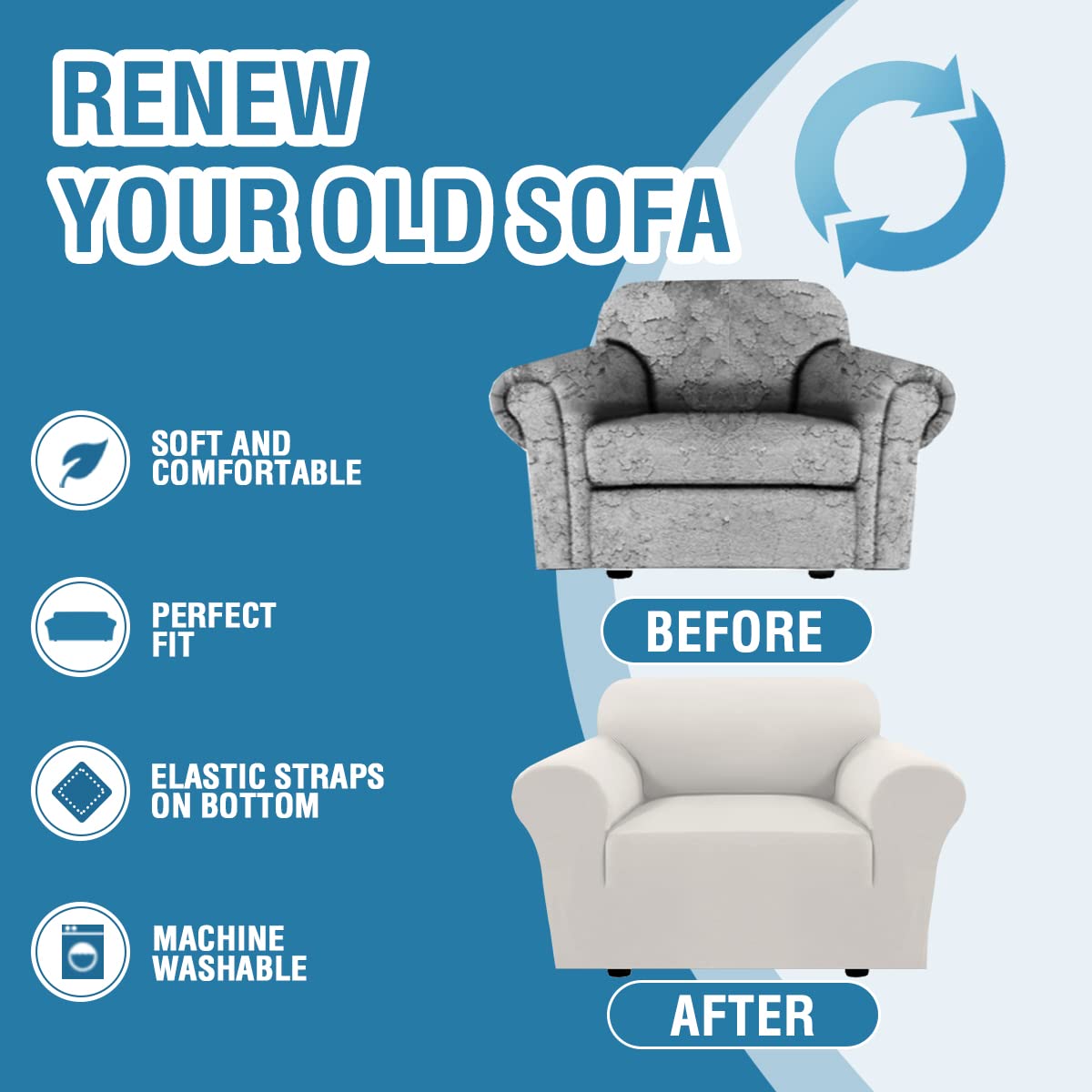 PrimeBeau 2023 Version Armchair Cover 1-Piece Stretch Couch Covers for 1 Cushion Couch Sofa Cover Spandex Non Slip Soft Form Fit Furniture Protector with Elastic Bottom