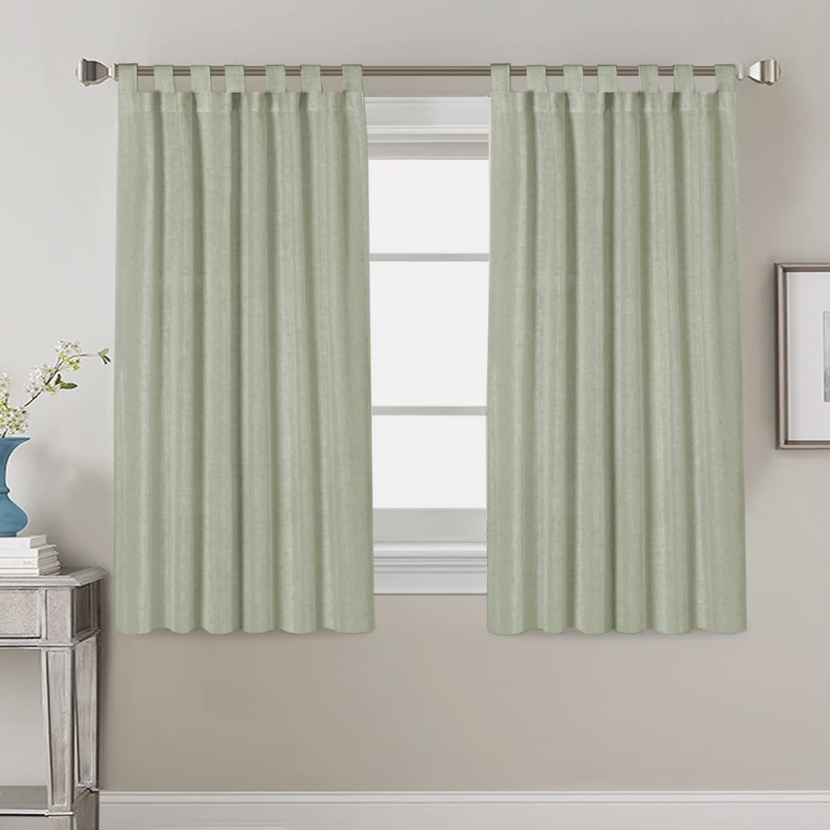 PrimeBeau Natural Linen Mix Tab Top Curtains, Light Filtering Panels (Set of 2)