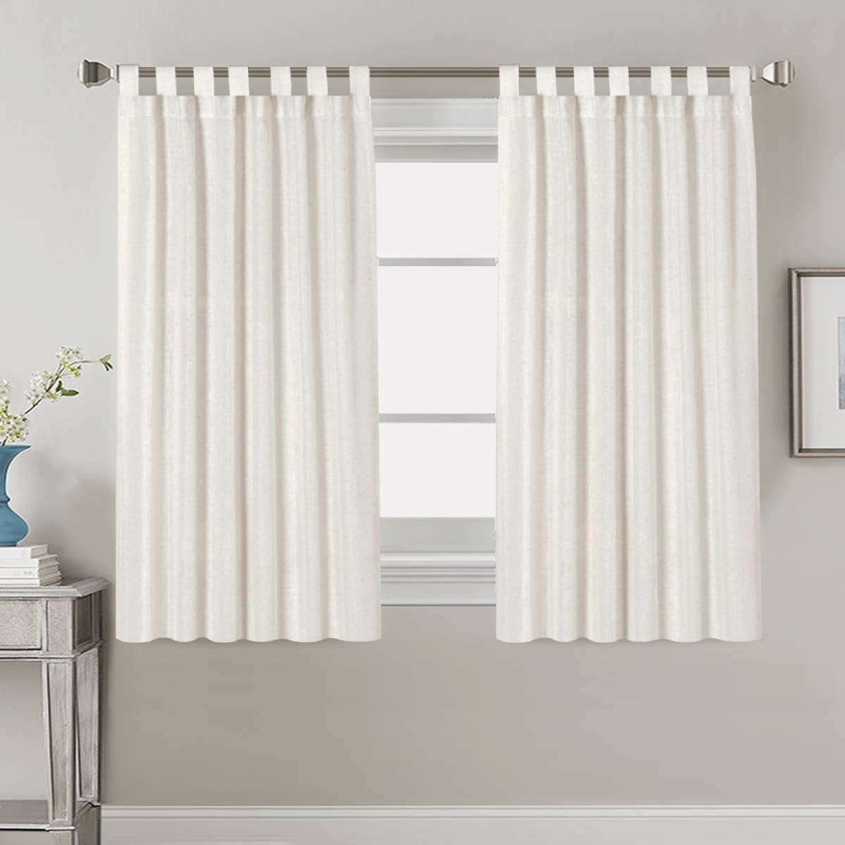 PrimeBeau Natural Linen Mix Tab Top Curtains, Light Filtering Panels (Set of 2)
