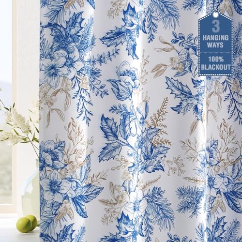 PrimeBeau 100% Blackout Curtains Vintage Floral Printed Drapes (Set of 2 Panels), Blue and Wheat