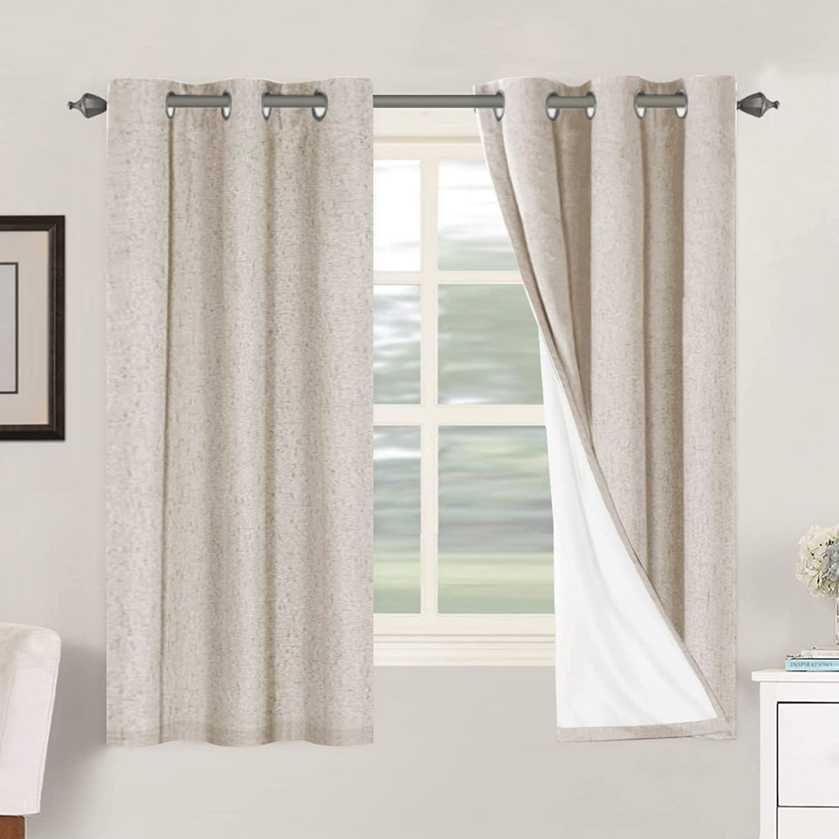 Primitive Linen Curtains 100% Blackout Curtain Drapes Burlap Fabric Curtains with White Thermal Insulated Liner, Grommet Top Curtains Living Room/Bedroom (2 Panels, 42 x 63 Inch, Natural)