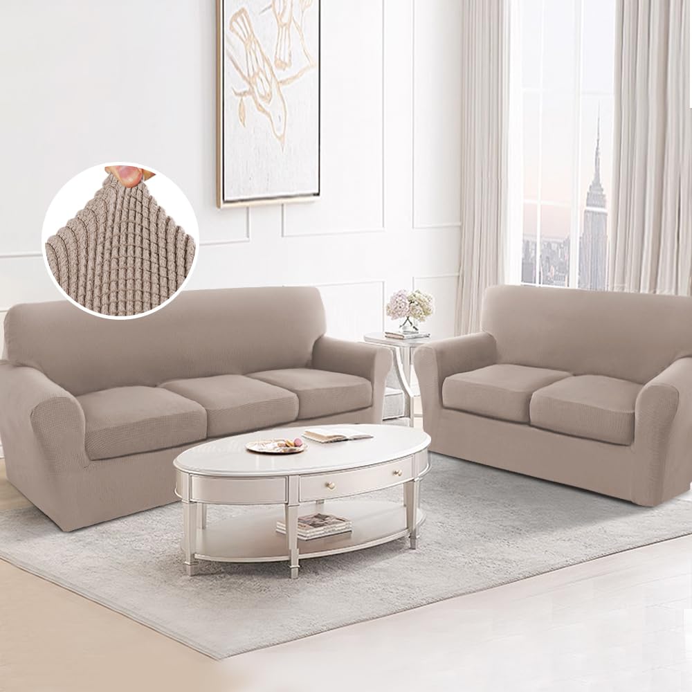 PrimeBeau Couch Cover Sets for Sofa Plus Loveseat, Stretch 4 Piece Sofa Covers for 3 Cushion Couch/3 Piece Loveseat Covers for 2 Cushion Couch with Thicker Jacquard Fabric(Total 7 Pieces)