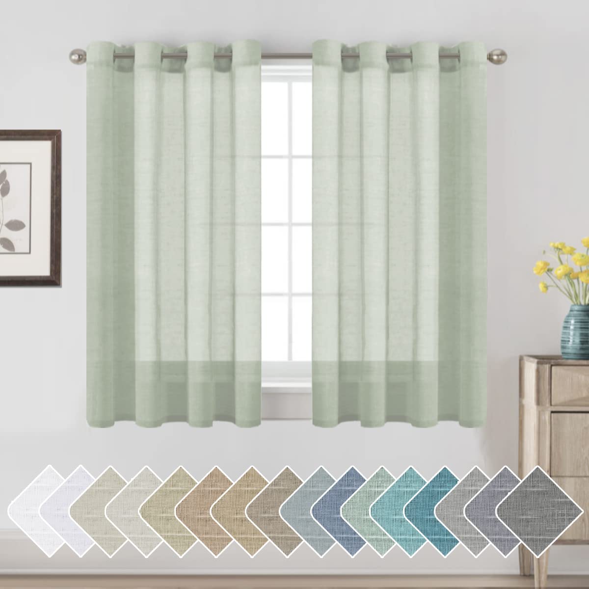 PrimeBeau Faux Linen Semi-Sheer Curtains - Set of 2 Panels, 52 Series Medium Length