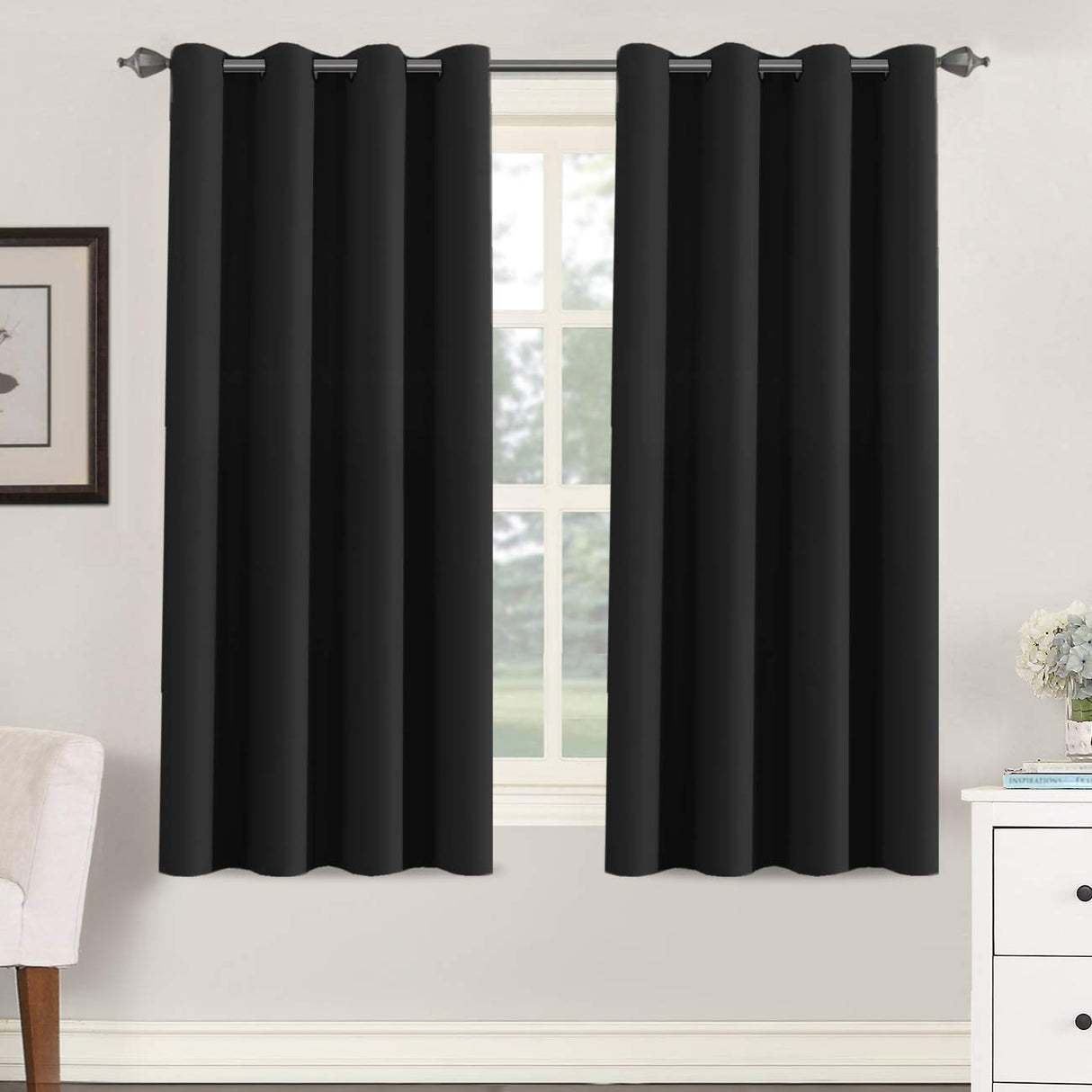 PrimeBeau Blackout Grommet Solid Color Curtain Set of 2 Panels, W52" Short
