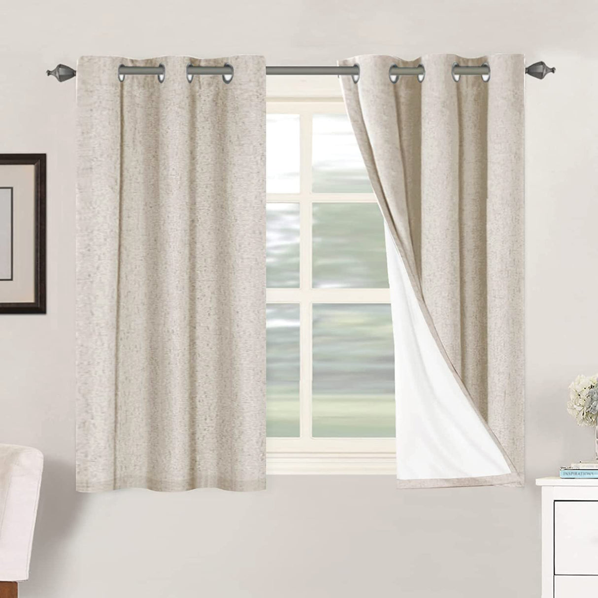 Primitive Linen Curtains 100% Blackout Curtain Drapes Burlap Fabric Curtains with White Thermal Insulated Liner, Grommet Top Curtains Living Room/Bedroom (2 Panels, 42 x 45 Inch, Natural)