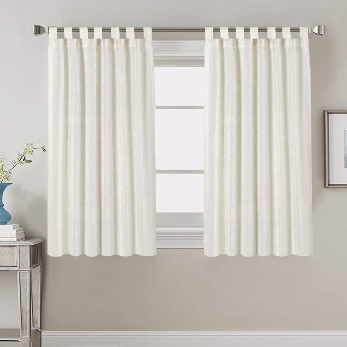PrimeBeau Natural Linen Mix Tab Top Curtains, Light Filtering Panels (Set of 2)