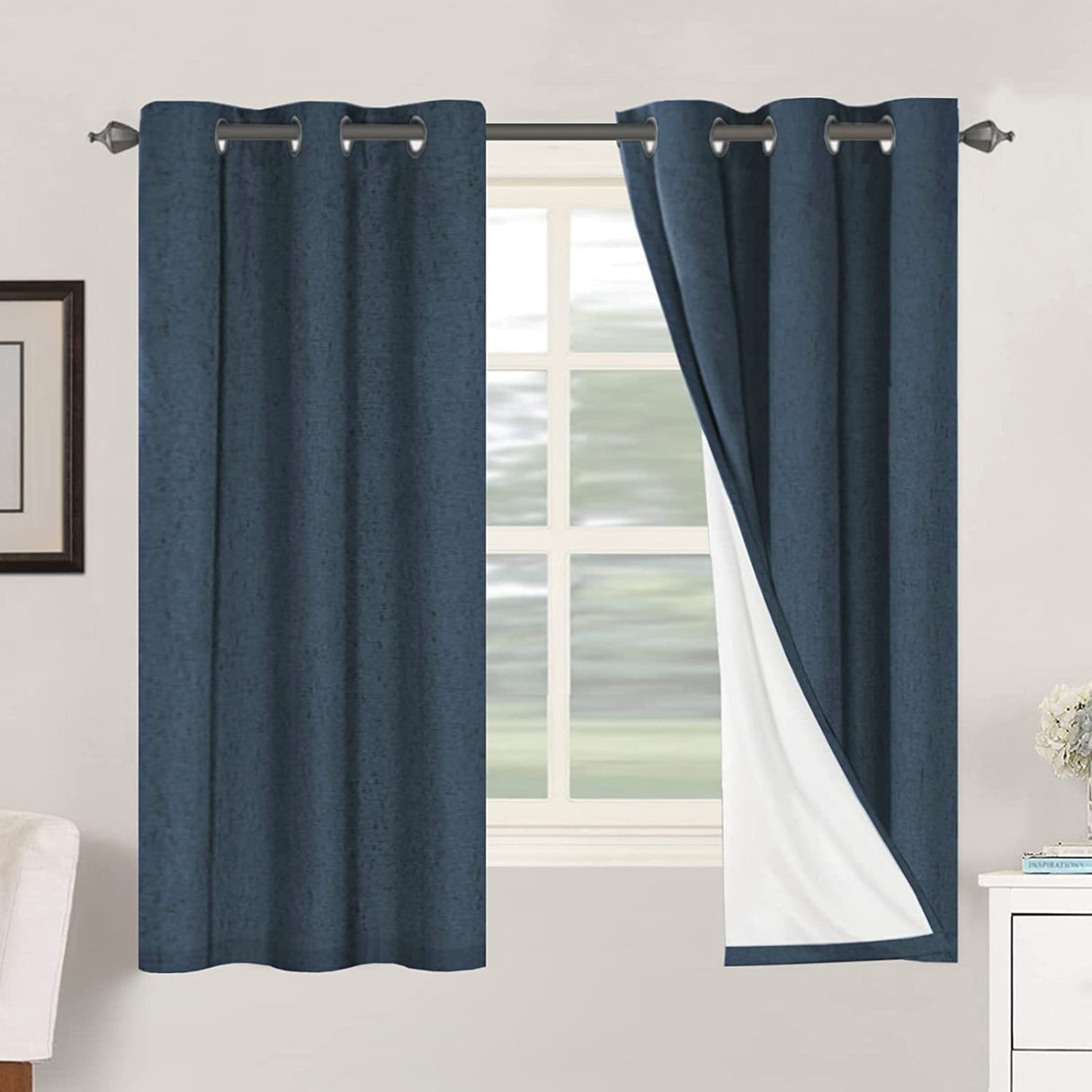 H.Versailtex Linen Blackout Thermal Insulated White Liner Grommet Top Small Window Curtains