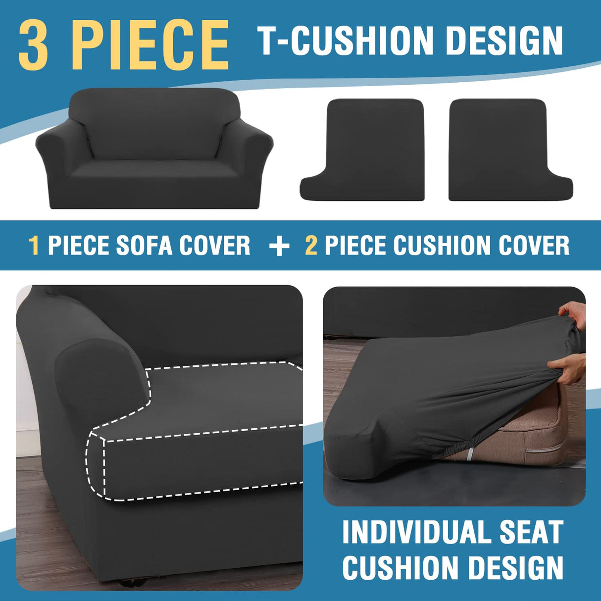 PrimeBeau 3 Pieces T Cushion Loveseat Slipcovers Couch Cover for 2 Cushion Couch Non Slip Super Stretch Soft Washable Furniture Protector with 2 Individual T Cushion Covers