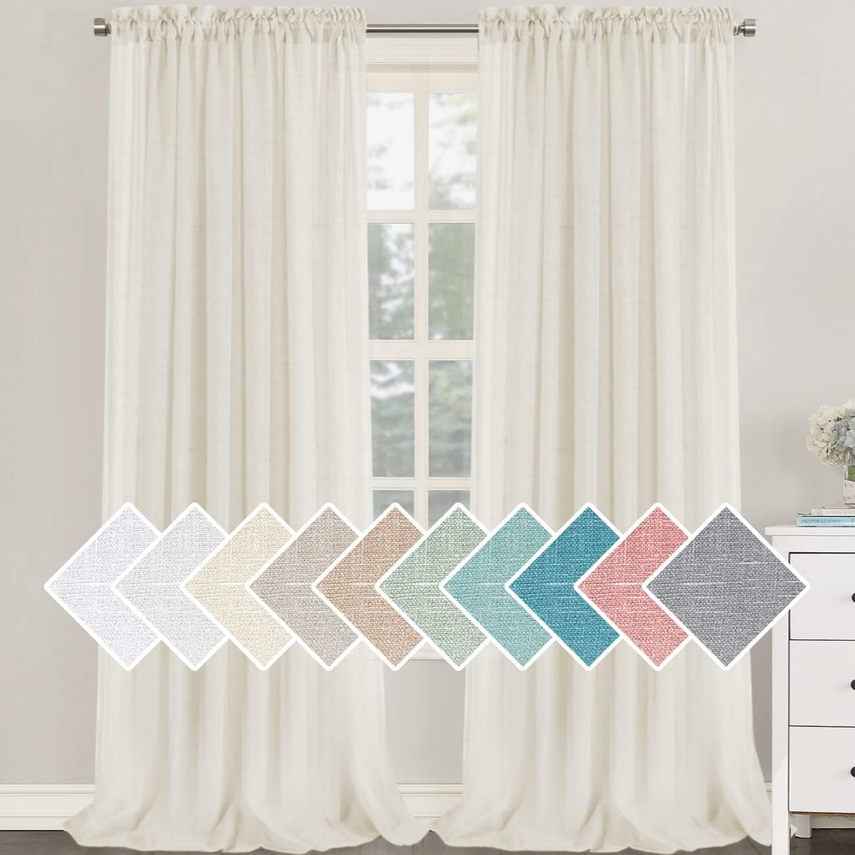 H.Versailtex Natural Linen Blended Curtains 63 Inches Length 2 Panels Textured Woven Linen Sheer Curtain Drapes for Living Room/Bedroom Light Filtering Rod Pocket Casual Draperies - Linen