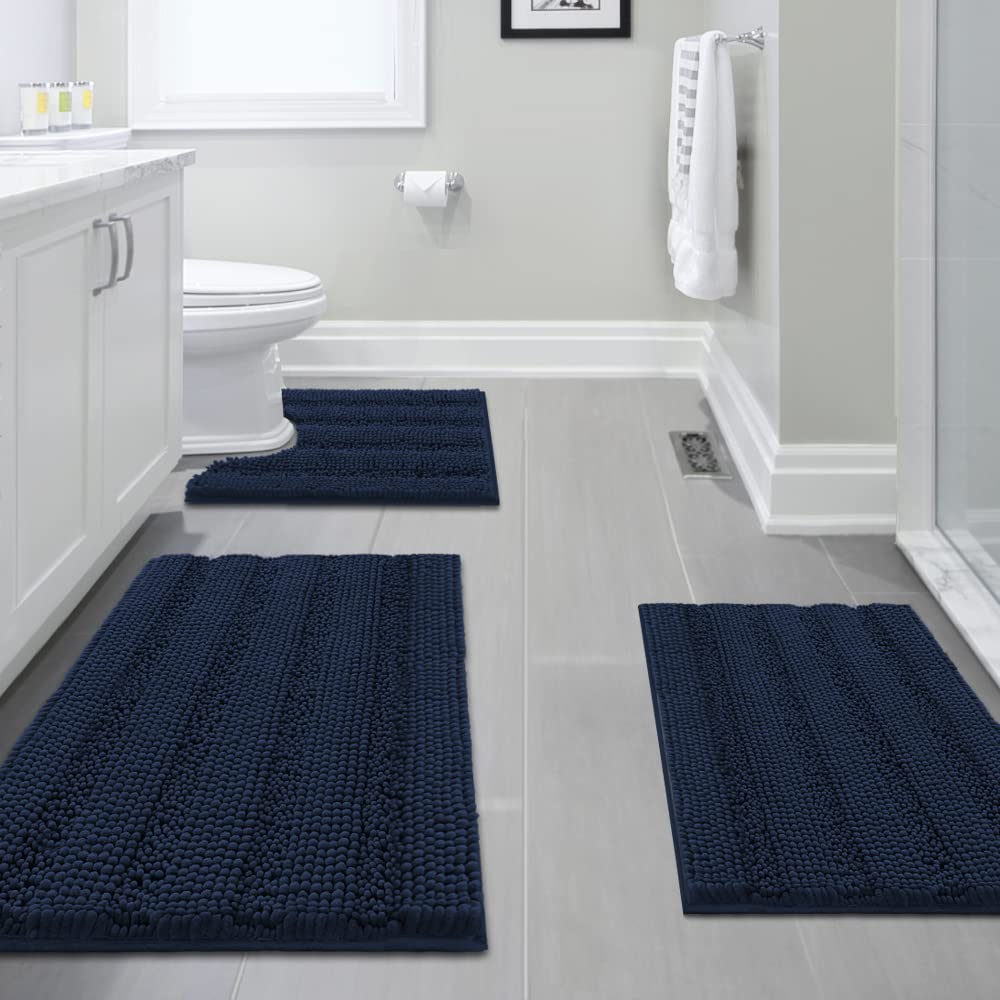 PrimeBeau 3 Piece Thick Striped Bathroom Rugs Set Non Slip Absorbent Soft Bath Mat (17''x24''+20''x32''+20''x24'' U-Shaped)
