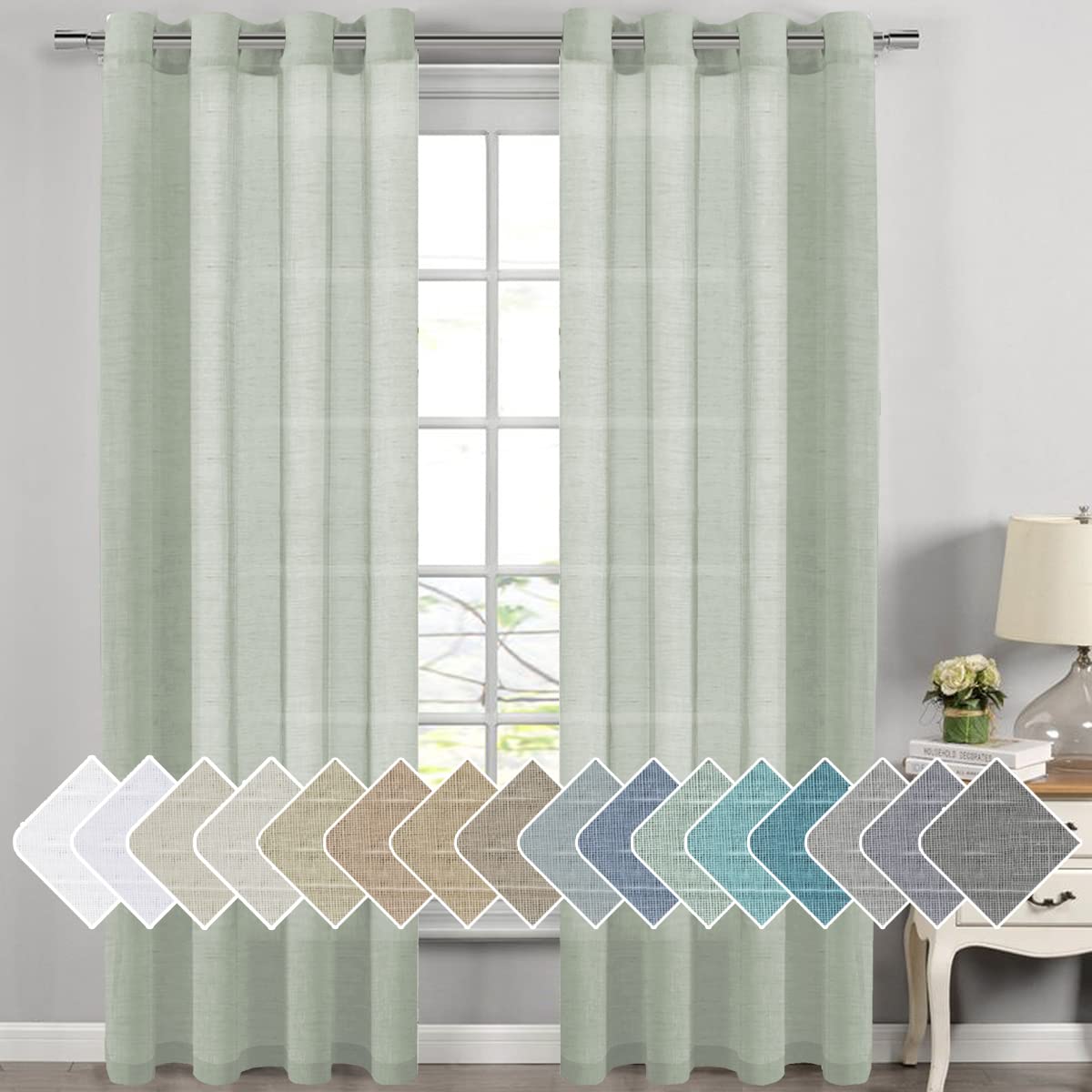 PrimeBeau Faux Linen Grommet Sheer Curtains - Set of 2 Panels 52 Series Long