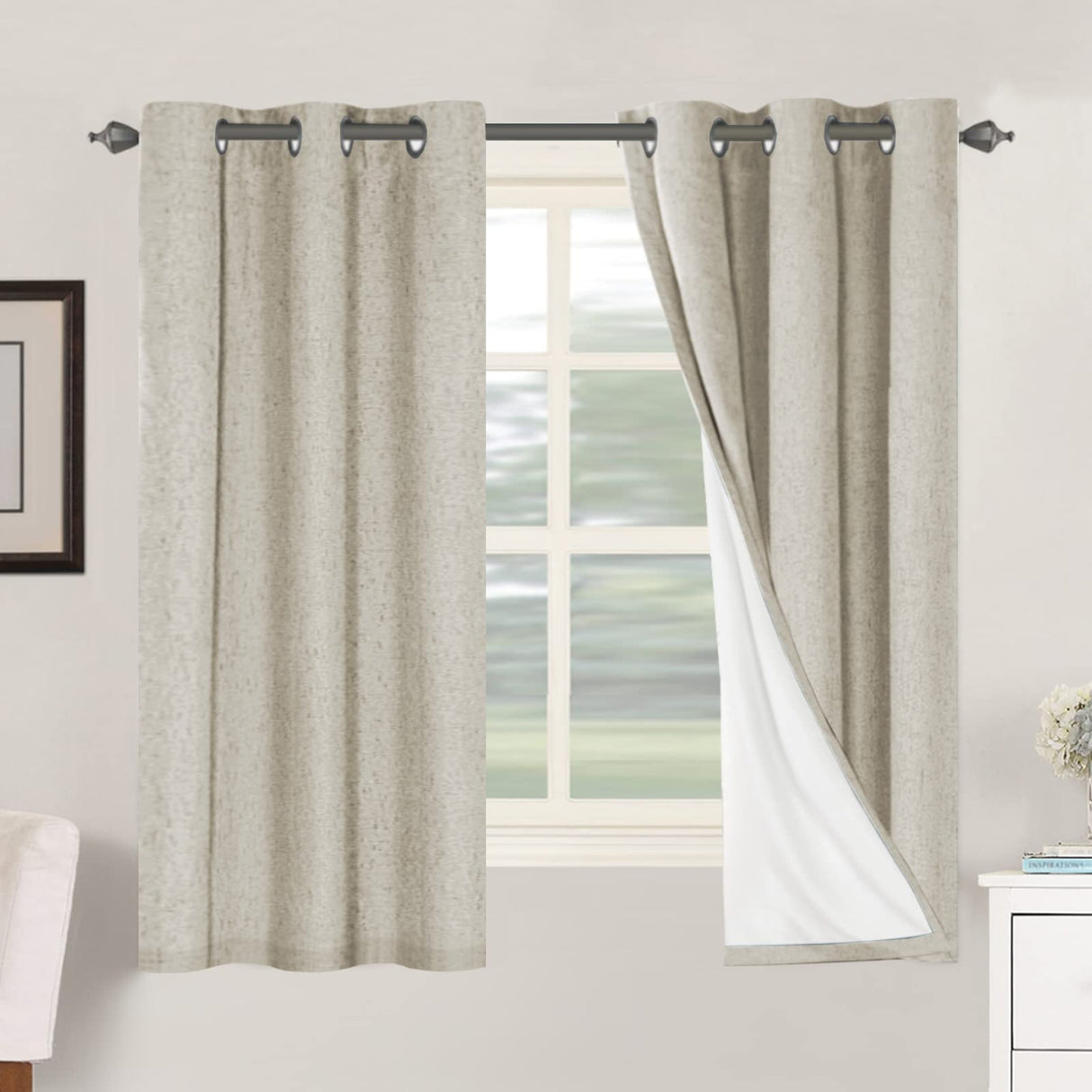 H.Versailtex Linen Blackout Thermal Insulated White Liner Grommet Top Small Window Curtains