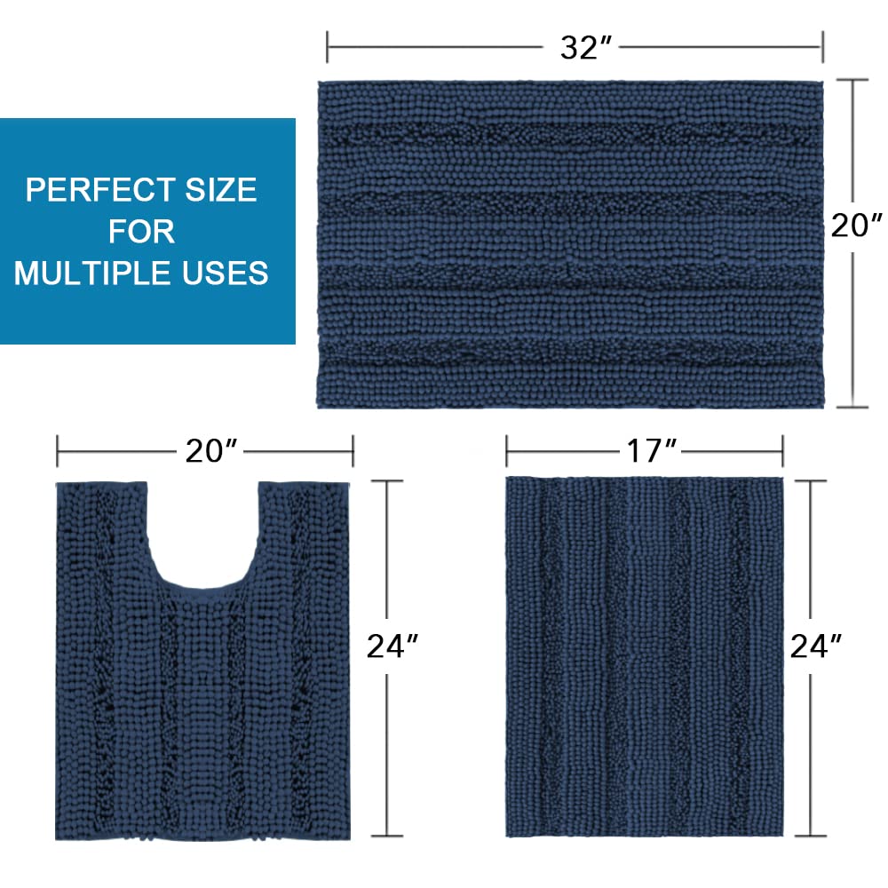 PrimeBeau 3 Piece Thick Striped Bathroom Rugs Set Non Slip Absorbent Soft Bath Mat (17''x24''+20''x32''+20''x24'' U-Shaped)