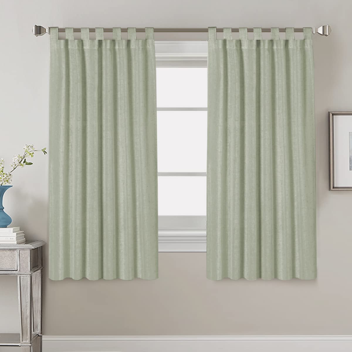 PrimeBeau Natural Linen Mix Tab Top Curtains, Light Filtering Panels (Set of 2)