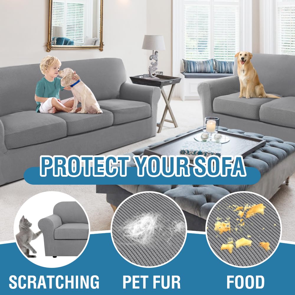 PrimeBeau Couch Cover Sets for Sofa Plus Loveseat, Stretch 4 Piece Sofa Covers for 3 Cushion Couch/3 Piece Loveseat Covers for 2 Cushion Couch with Thicker Jacquard Fabric(Total 7 Pieces)