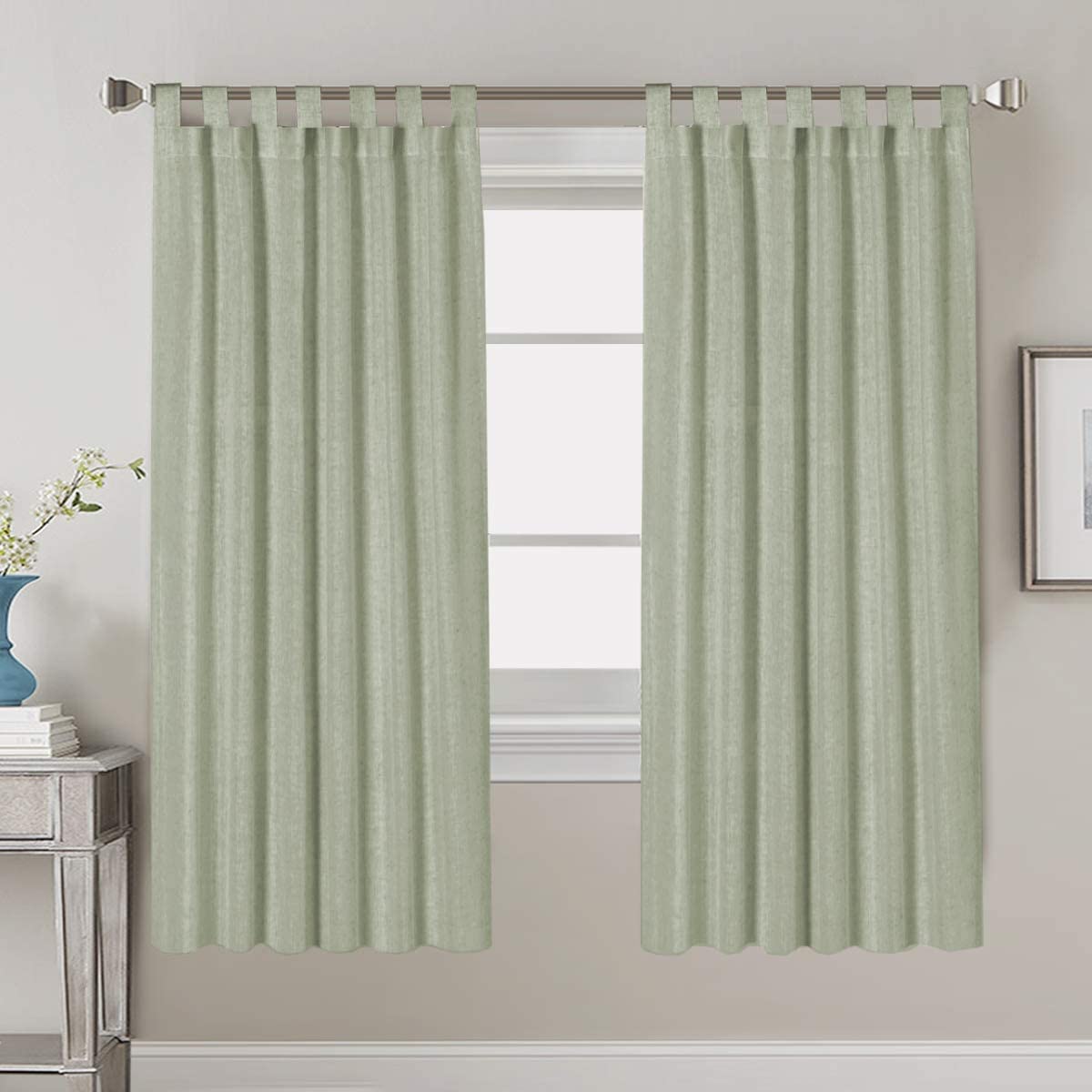 PrimeBeau Natural Linen Mix Tab Top Curtains, Light Filtering Panels (Set of 2)