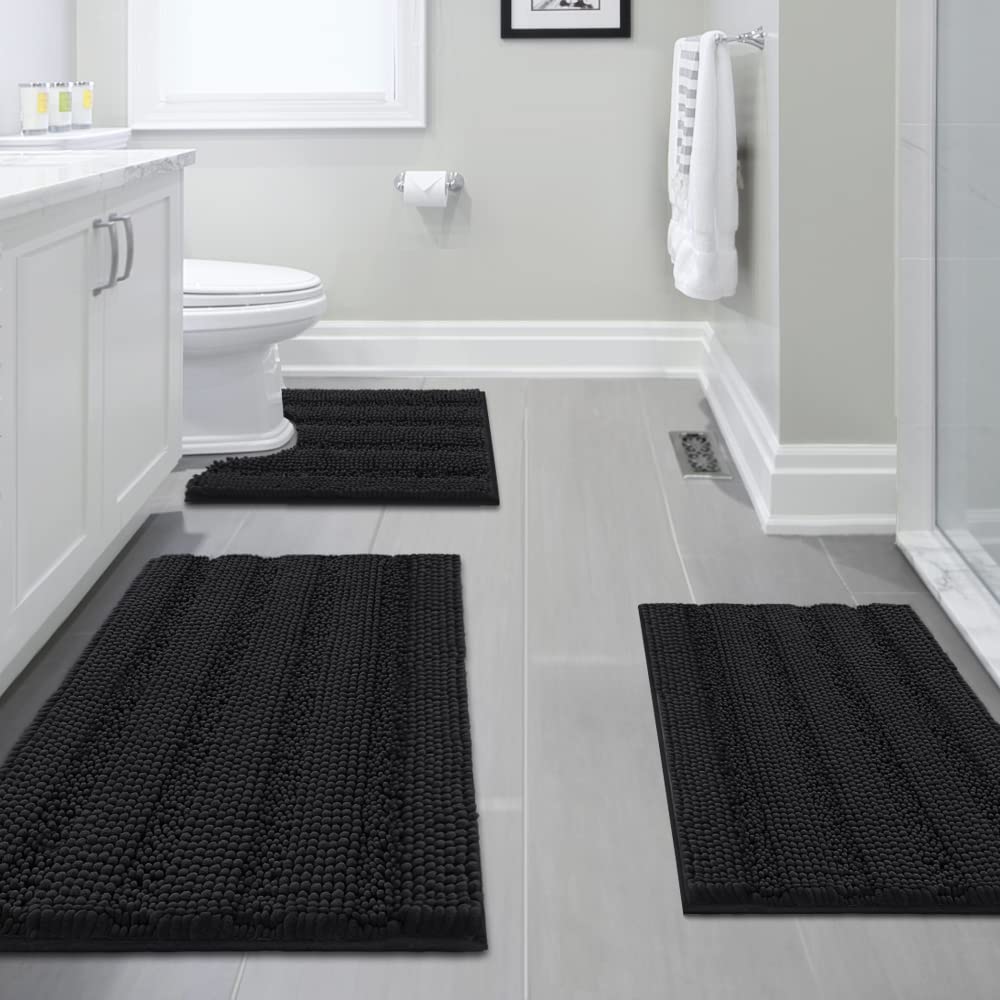 PrimeBeau 3 Piece Thick Striped Bathroom Rugs Set Non Slip Absorbent Soft Bath Mat (17''x24''+20''x32''+20''x24'' U-Shaped)