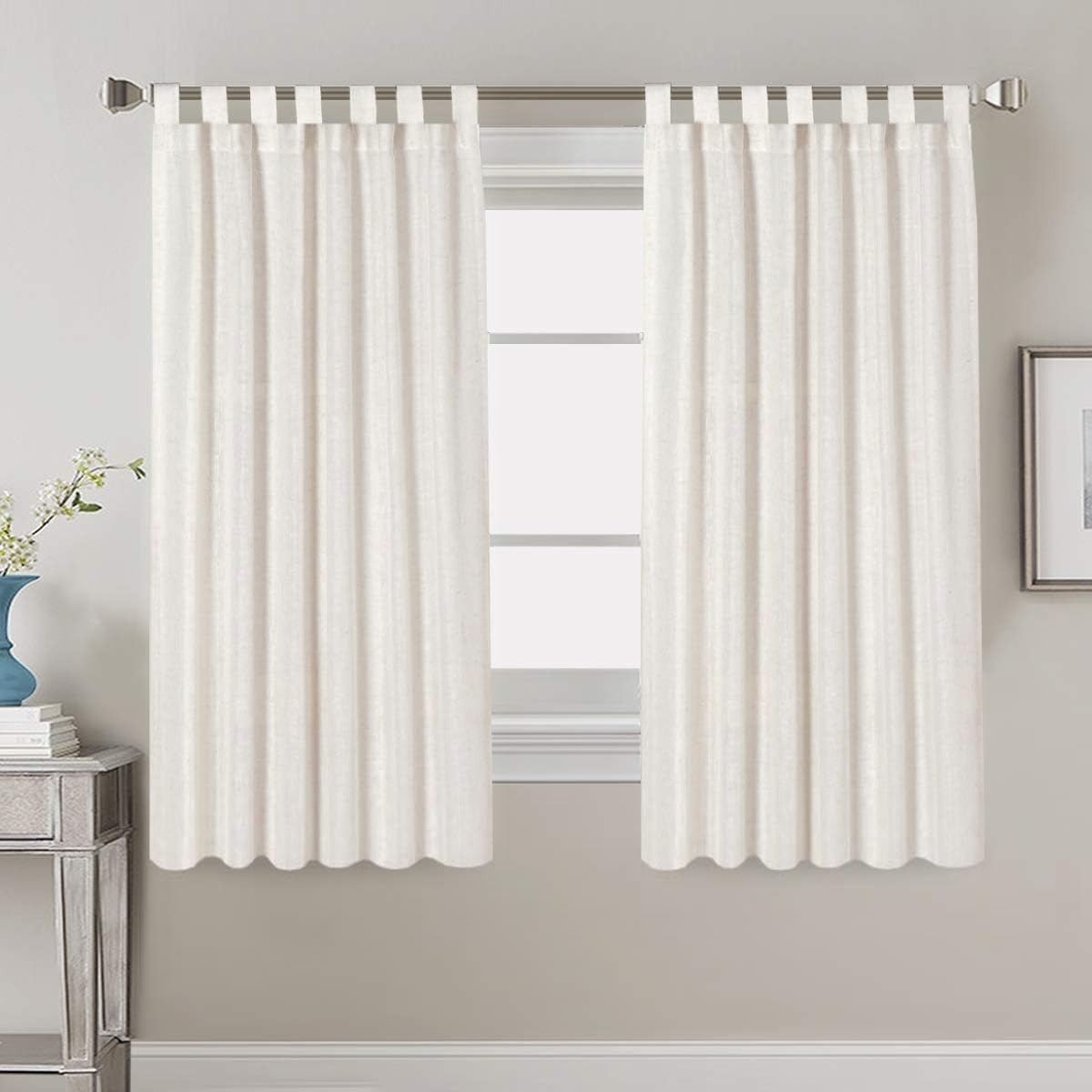 PrimeBeau Natural Linen Mix Tab Top Curtains, Light Filtering Panels (Set of 2)