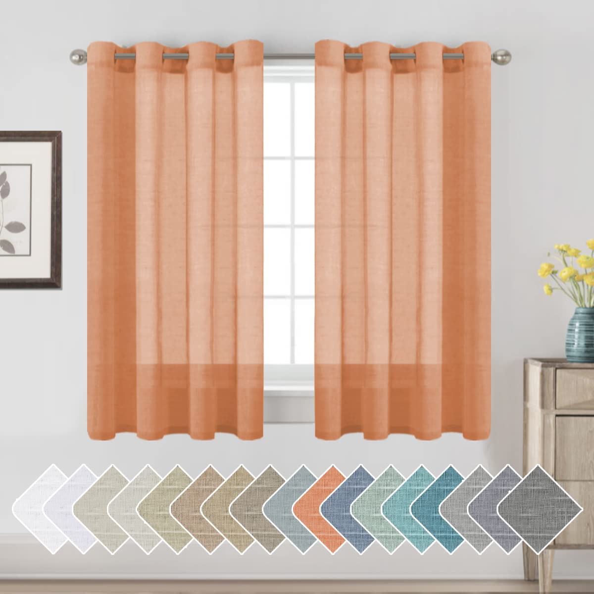PrimeBeau Faux Linen Semi-Sheer Curtains - Set of 2 Panels, 52 Series Medium Length