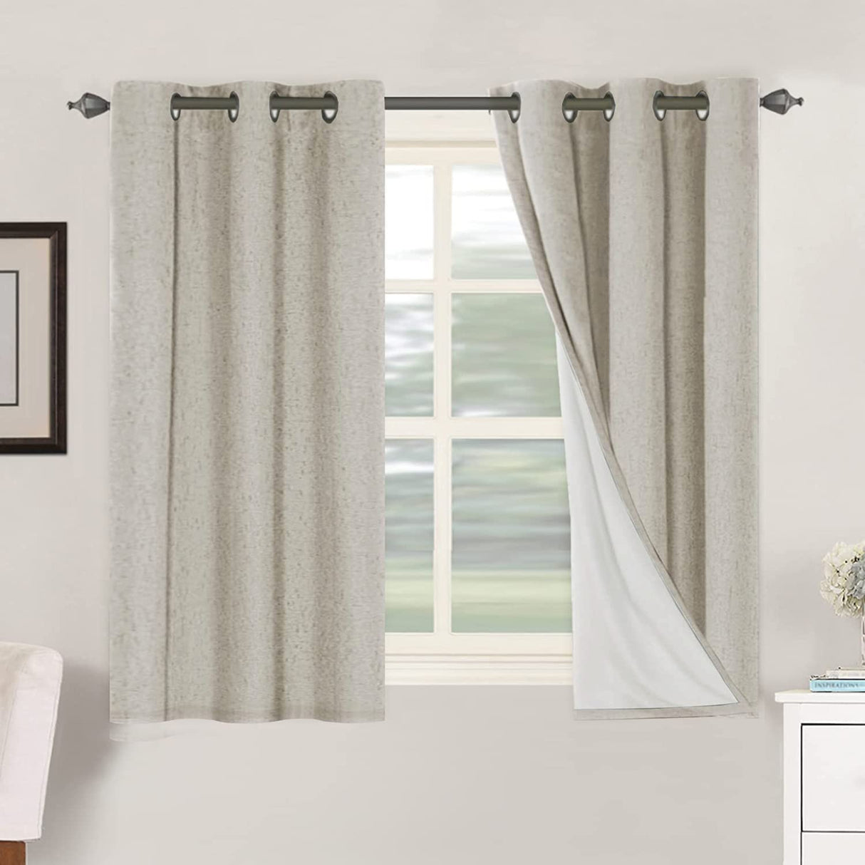 H.Versailtex Linen Blackout Thermal Insulated White Liner Grommet Top Small Window Curtains