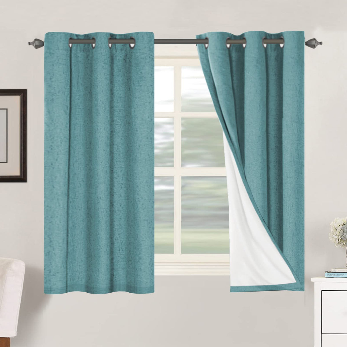 H.Versailtex Linen Blackout Thermal Insulated White Liner Grommet Top Small Window Curtains