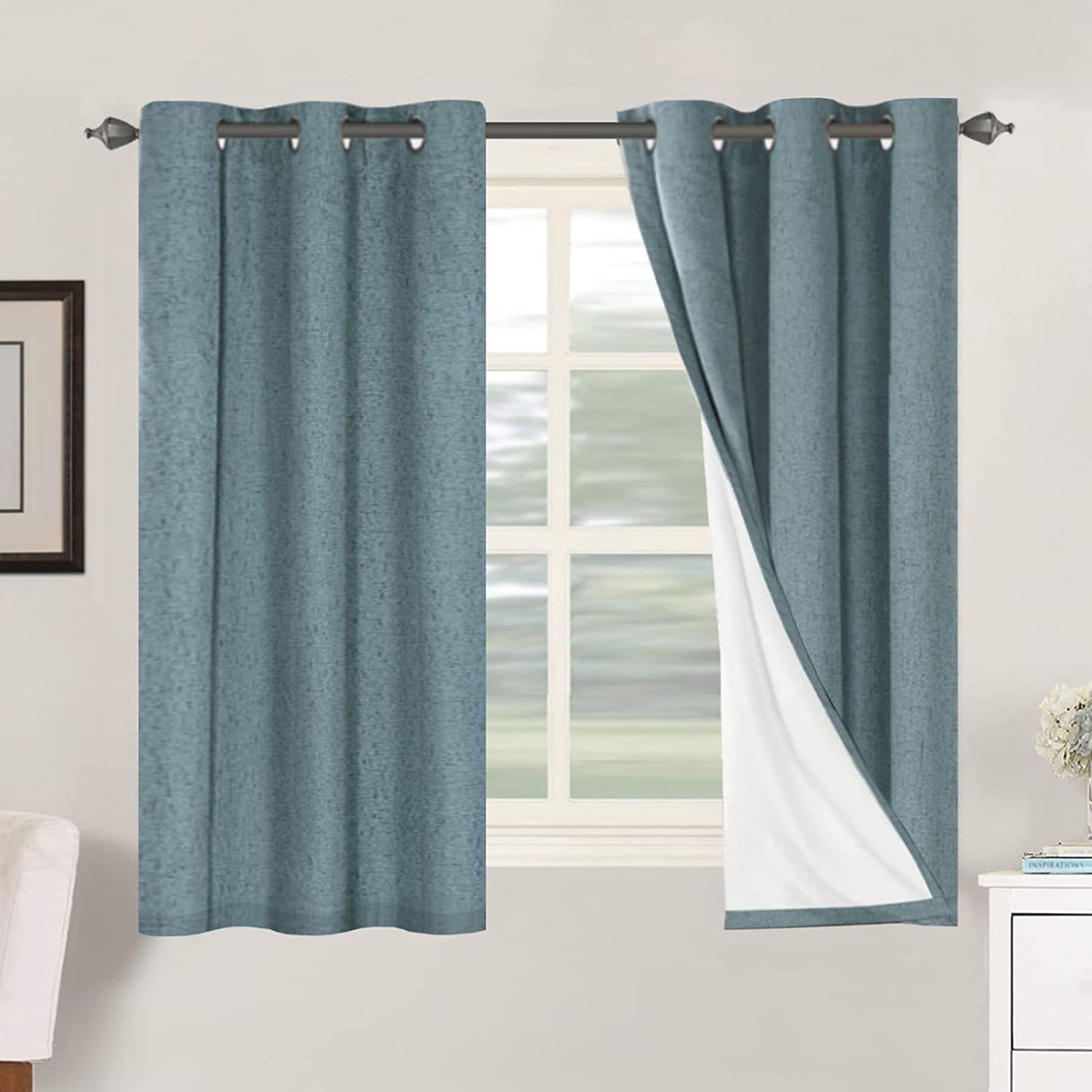 H.Versailtex Linen Blackout Thermal Insulated White Liner Grommet Top Small Window Curtains