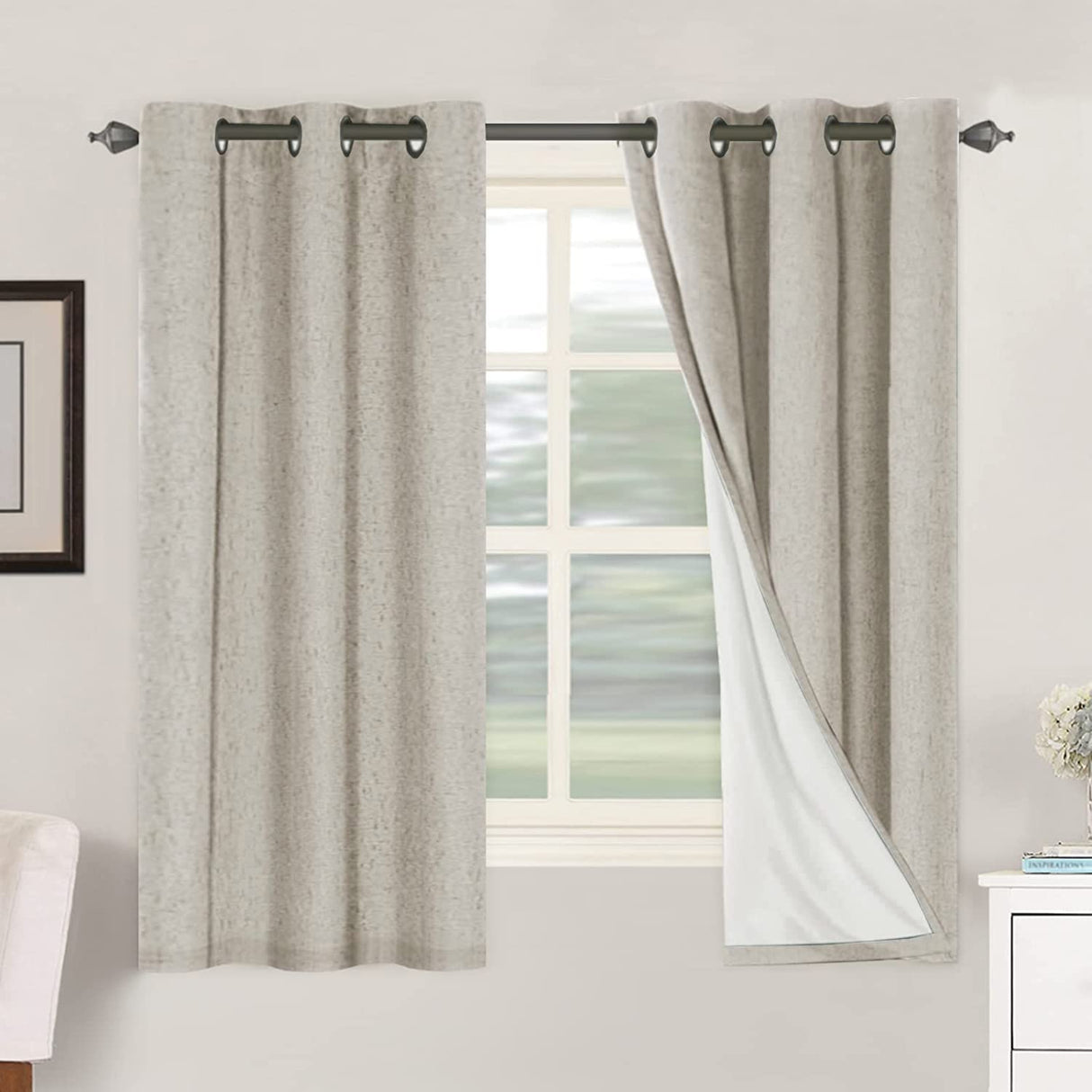 H.Versailtex Linen Blackout Thermal Insulated White Liner Grommet Top Small Window Curtains