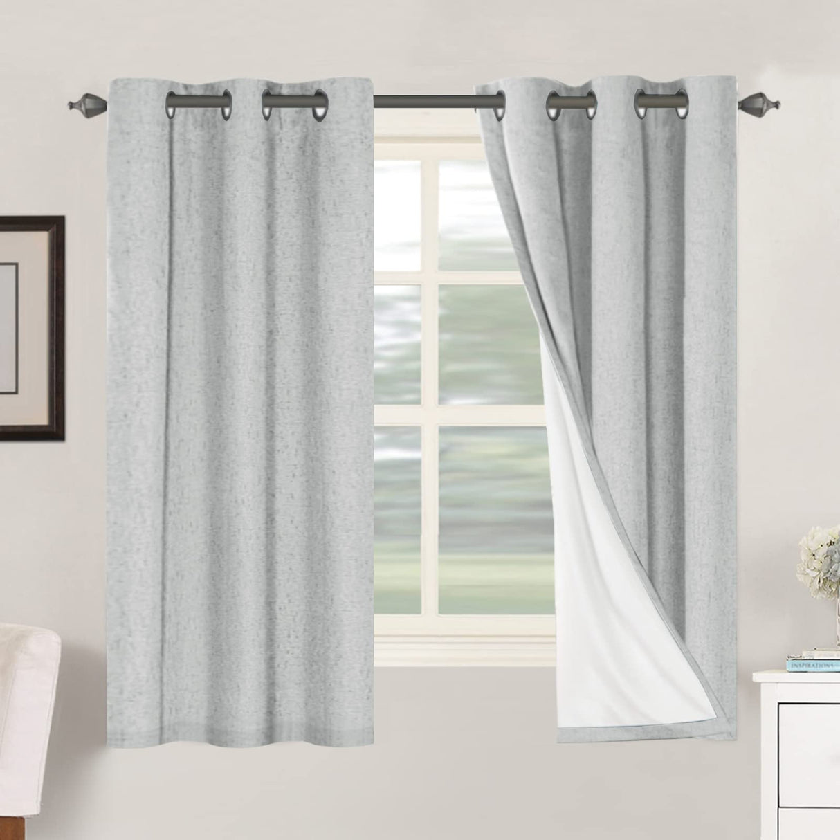 H.Versailtex Linen Blackout Thermal Insulated White Liner Grommet Top Small Window Curtains