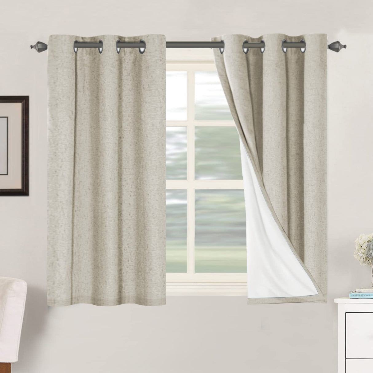 H.Versailtex Linen Blackout Thermal Insulated White Liner Grommet Top Small Window Curtains
