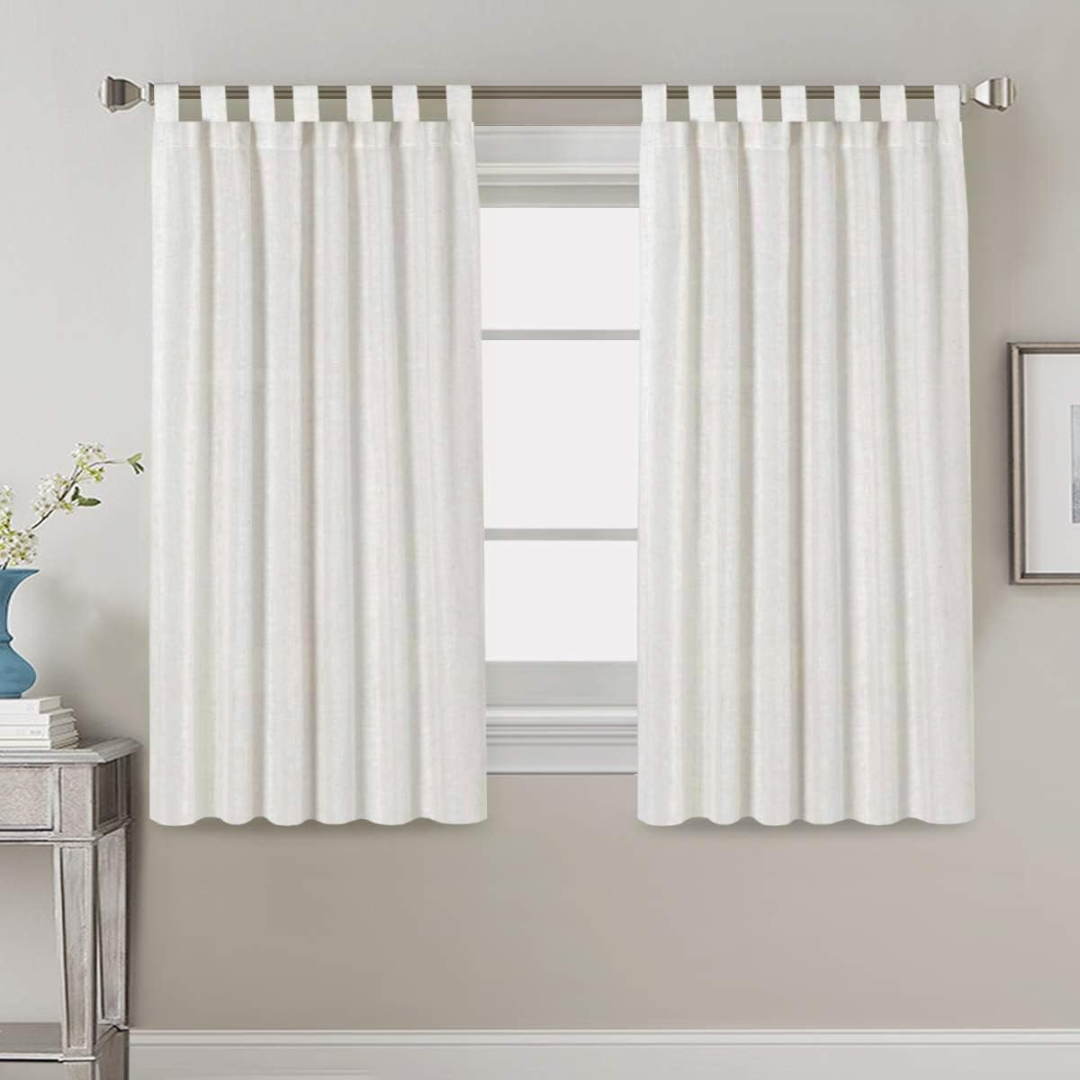 PrimeBeau Natural Linen Mix Tab Top Curtains, Light Filtering Panels (Set of 2)