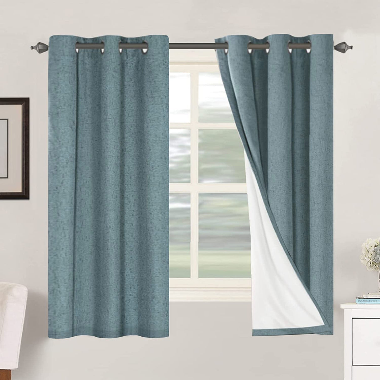 Primitive Linen Curtains 100% Blackout Curtain Drapes Burlap Fabric Curtains with White Thermal Insulated Liner, Grommet Top Curtains Living Room/Bedroom (2 Panels, 42 x 63 Inch, Stone Blue)