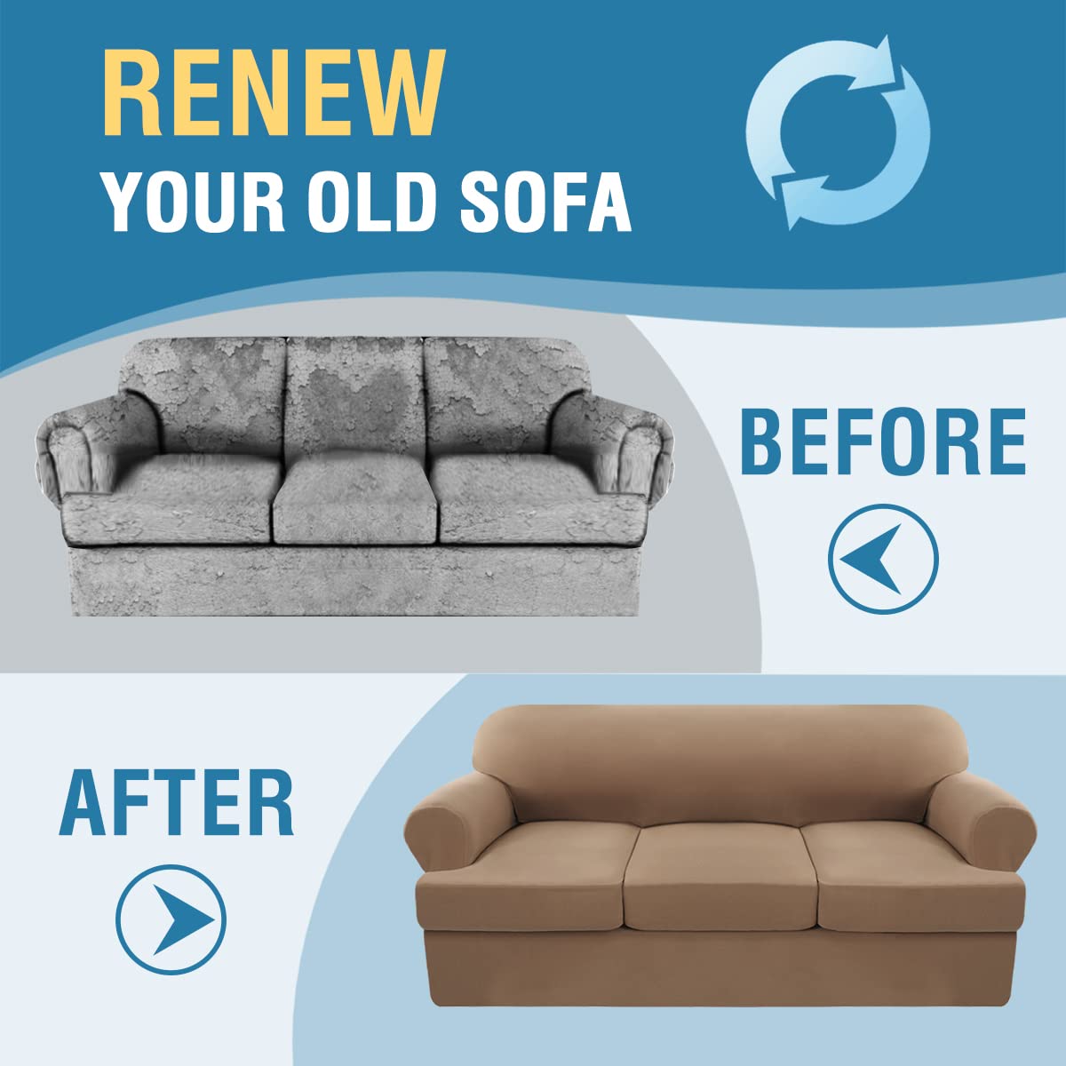 PrimeBeau 4 Pieces T Cushion Sofa Slipcovers Couch Cover for 3 Cushion Couch Non Slip Super Stretch Soft Washable Furniture Protector with 3 Individual T Cushion Covers