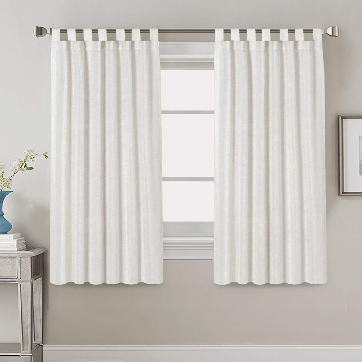 PrimeBeau Natural Linen Mix Tab Top Curtains, Light Filtering Panels (Set of 2)